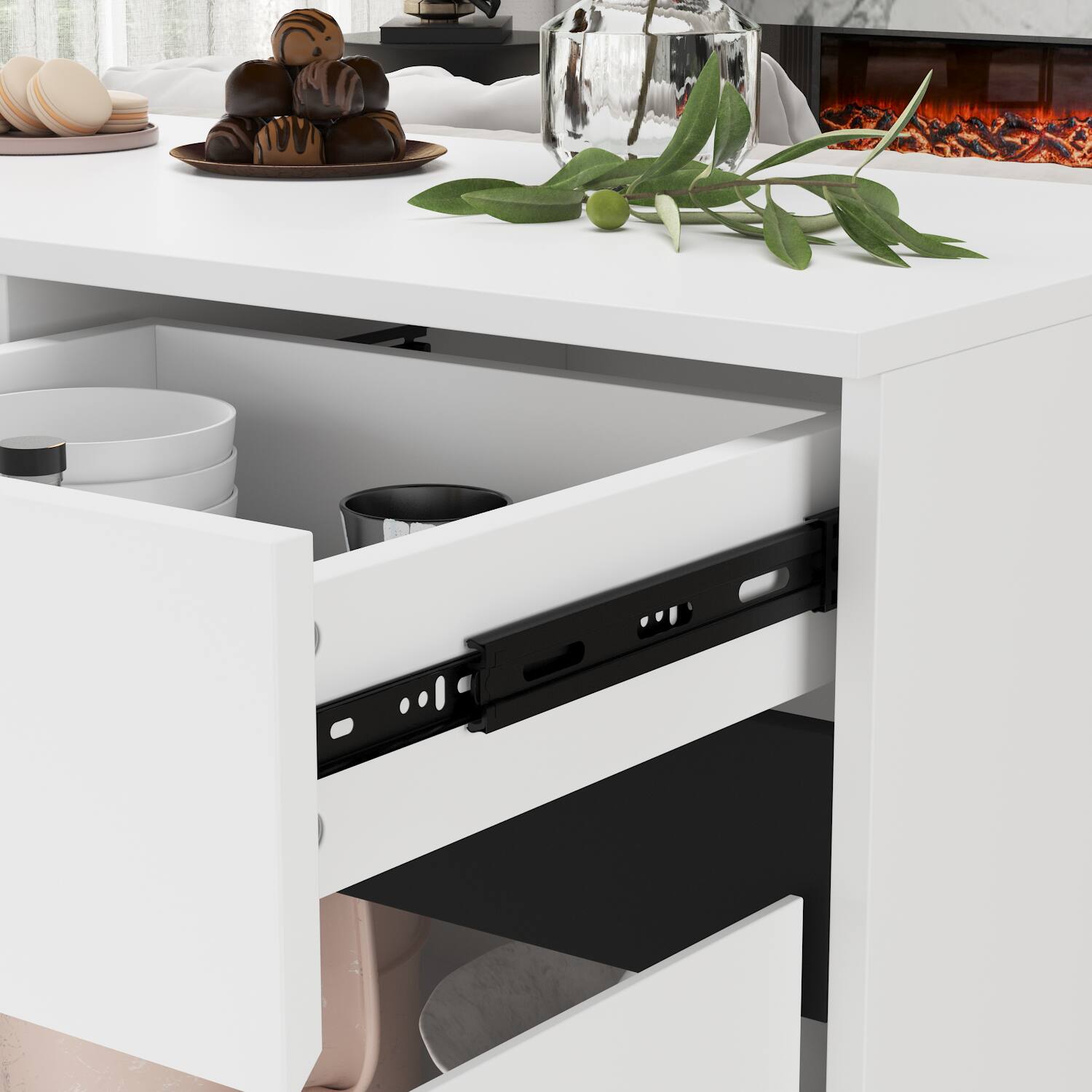 Alt View 4. FUFU & GAGA - Modern Buffet Sideboard Cabinet with Drawers and Adjustable Storage for Dining Room Kitchen and Living Room - White.