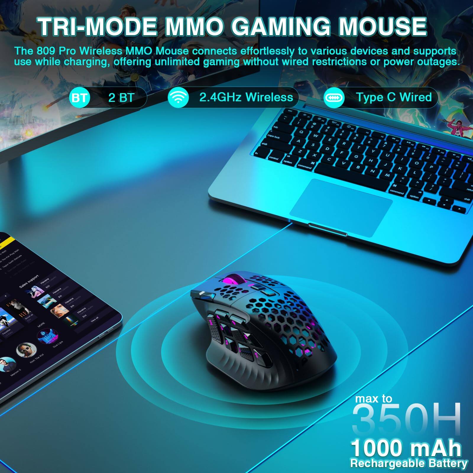 TRI-MODE MMO GAMING MOUSE

The 809 Pro Wireless MMO Mouse connects effortlessly to various devices and supports use while charging, offering unlimited gaming without wired restrictions or power outages.

- BT
- 2.4GHz Wireless
- Type C Wired

max to 350H
1000 mAh Rechargeable Battery