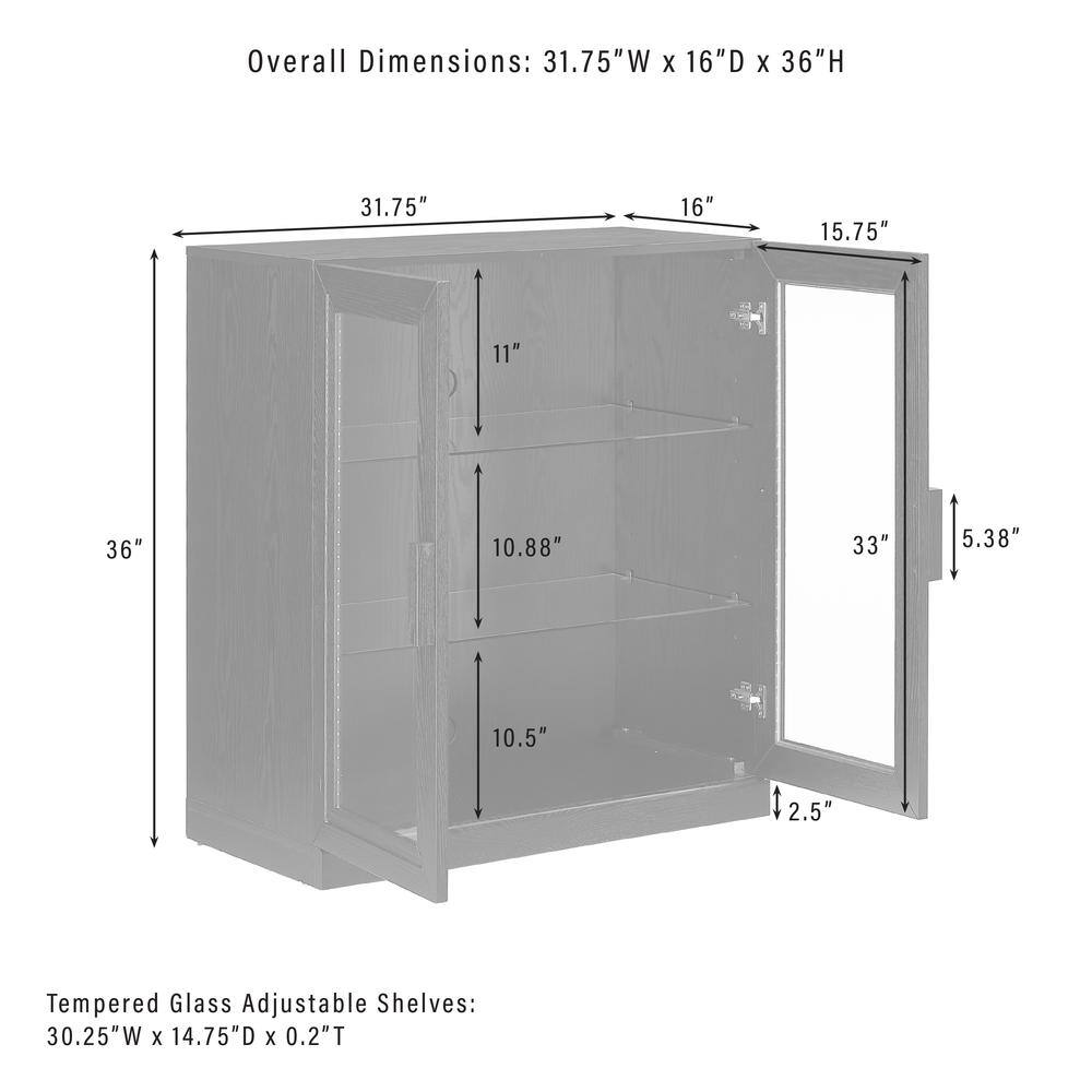 Overall Dimensions: 31.75"W X 16"D X 36"H

Tempered Glass Adjustable Shelves: 30.25"W X 14.75"D X 0.2"T