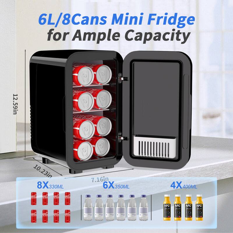 6L/8Cans Mini Fridge for Ample Capacity

12.59in x 10.23in x 7.16in

8 x 330ML
6 x 350ML
4 x 400ML