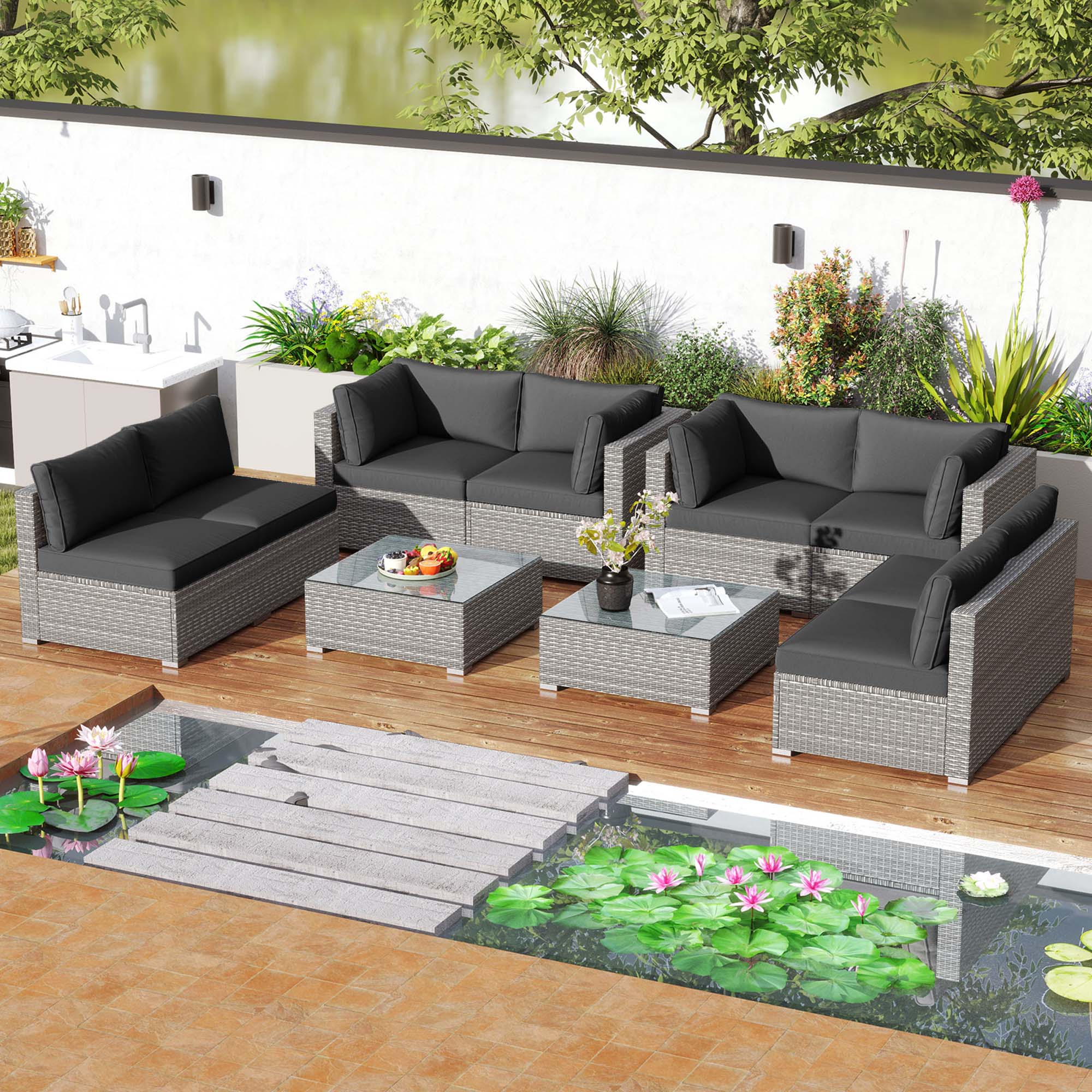 Alt View 4. Costway - Costway 5 PCS Outdoor Patio Sectional Sofa Couch PE Rattan Conversation Set - Black.