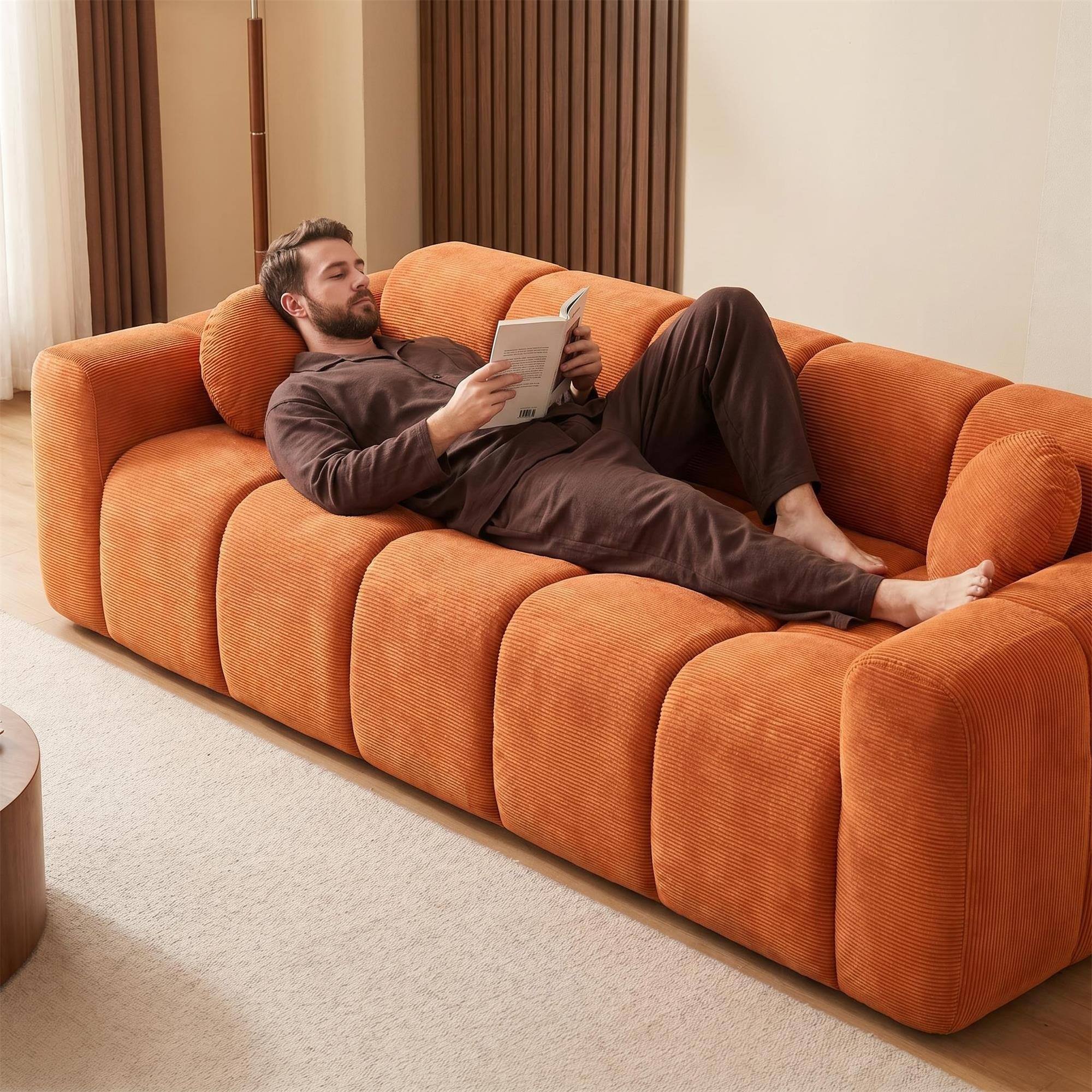 Left. Boyel Living - 98.4-Inch Corduroy 3-Seat Cloud Floor Sofa with 2 Pillows - Orange.