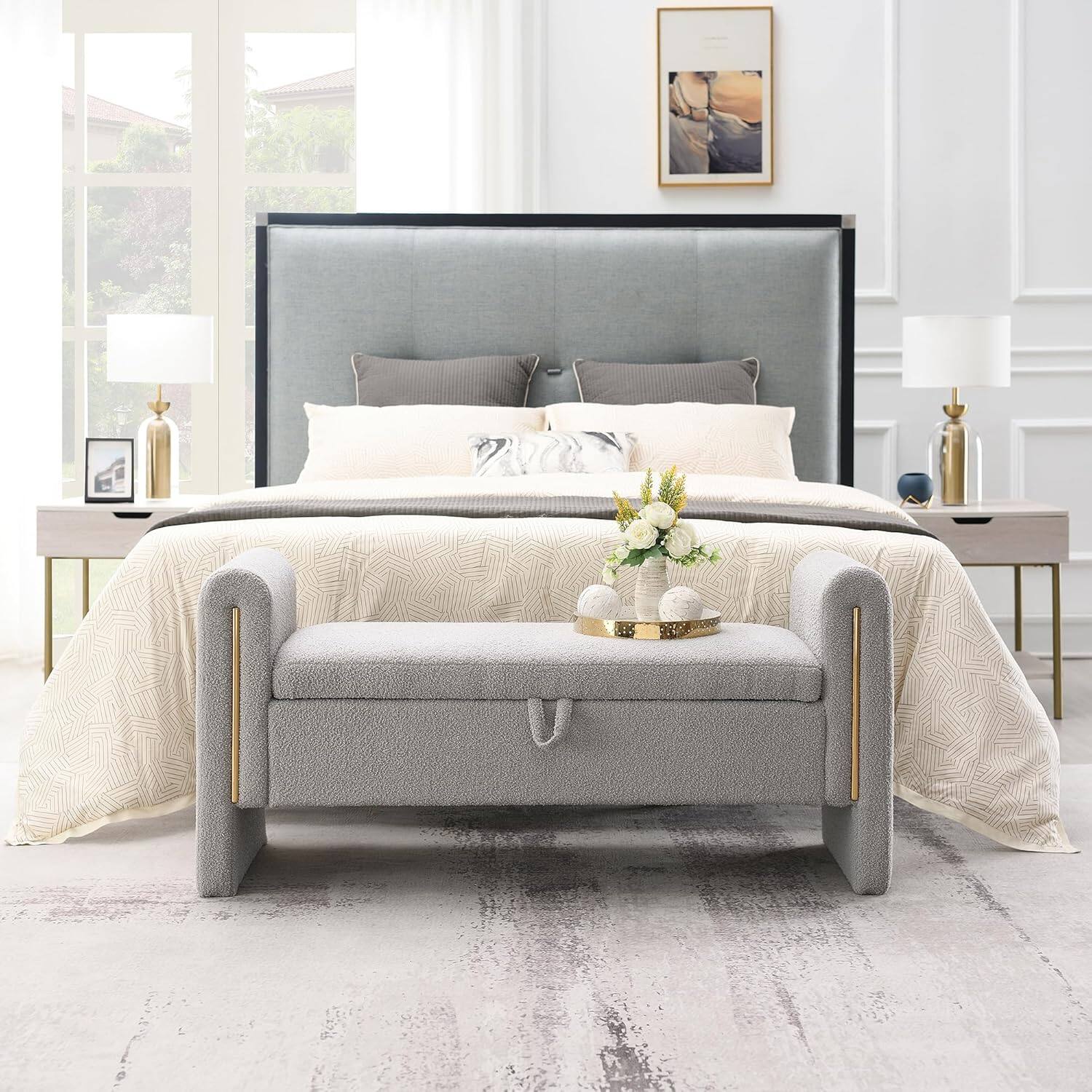 Alt View 5. Trinkets Crazed - Modern 52" Storage Ottoman Bench, Upholstered End of Bed Storage Bench with Armrests - gray.