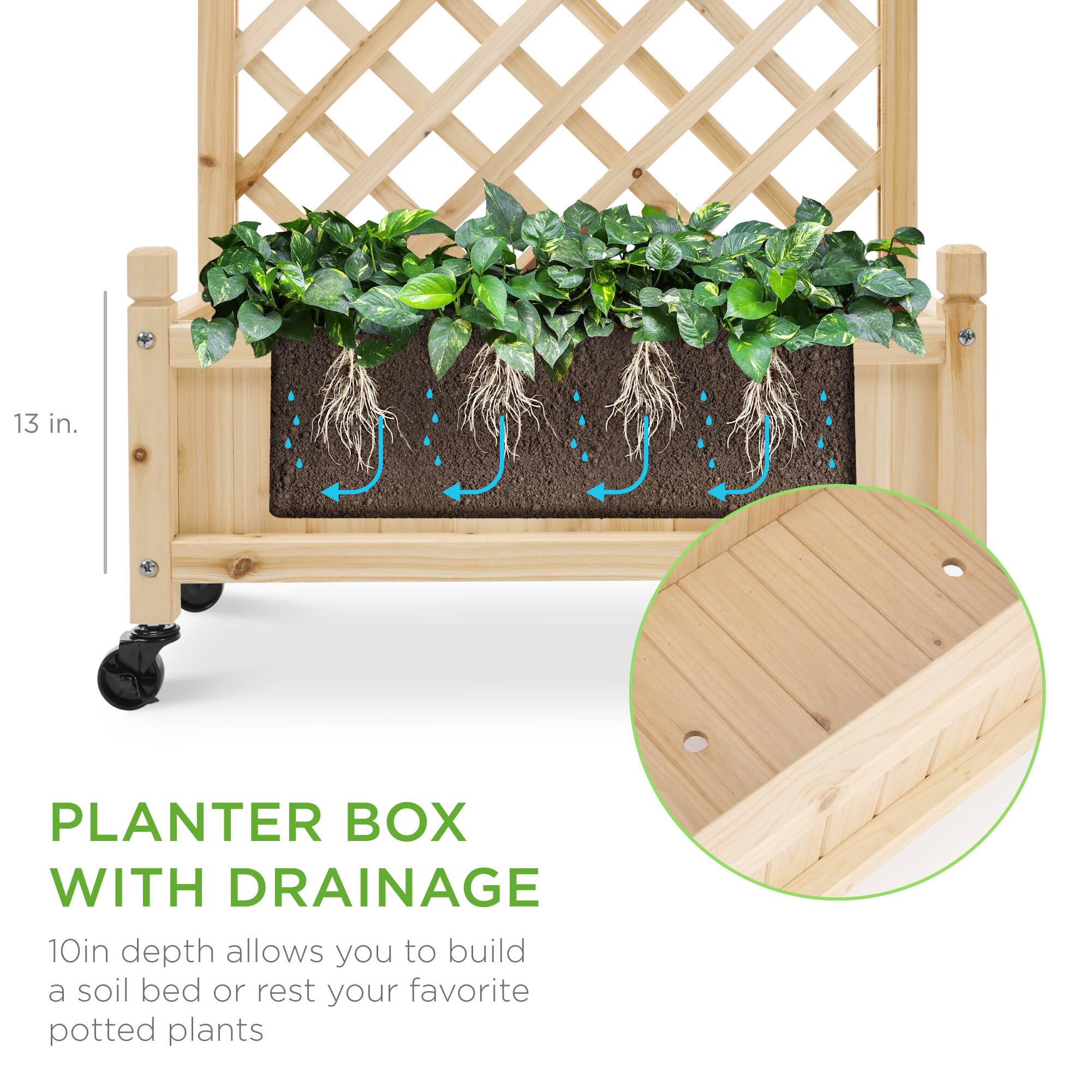 13 in. PLANTER BOX WITH DRAINAGE  
10 in. depth allows you to build a soil bed or rest your favorite potted plants