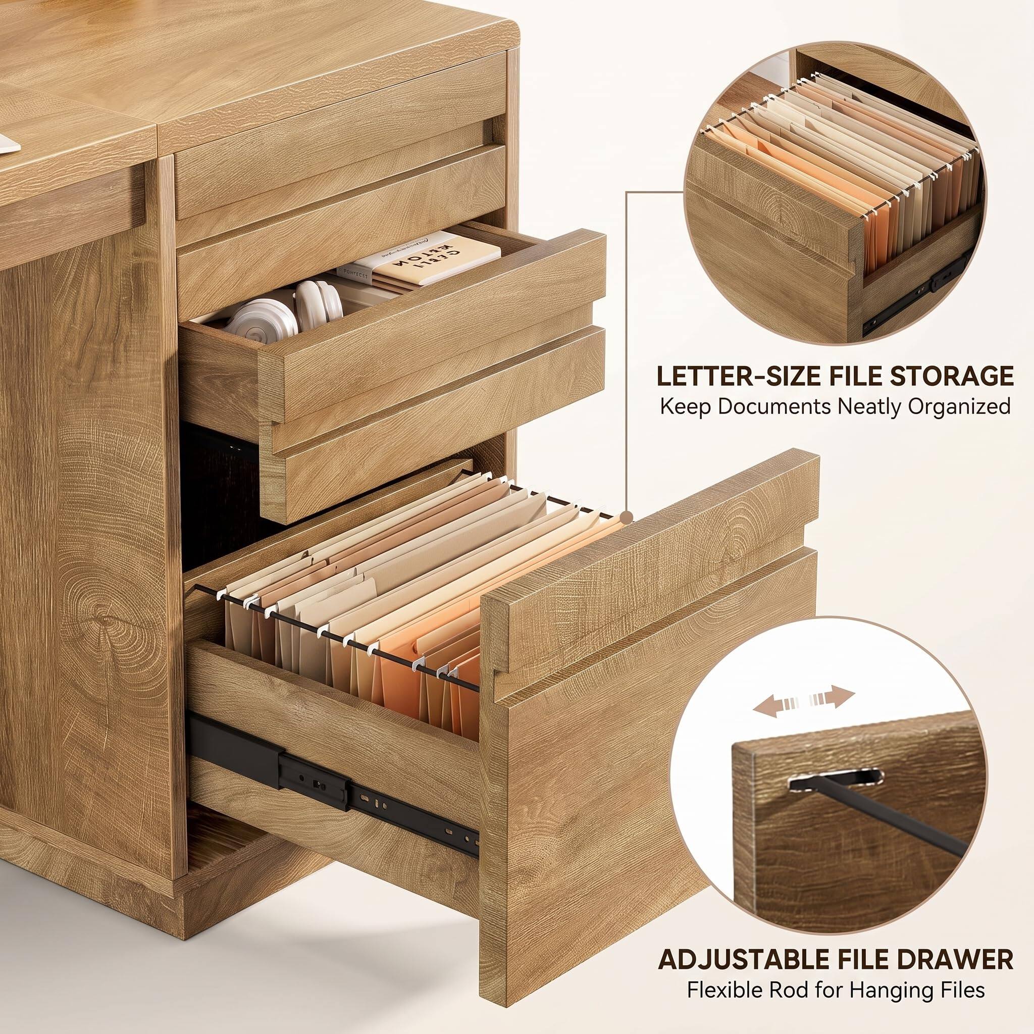 LETTER-SIZE FILE STORAGE  
Keep Documents Neatly Organized

ADJUSTABLE FILE DRAWER  
Flexible Rod for Hanging Files