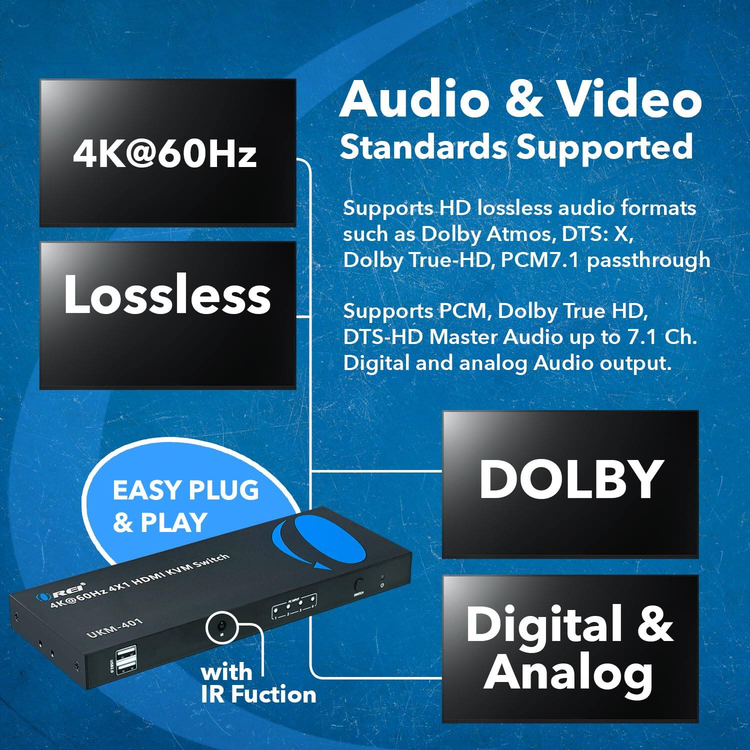 Audio & Video 4K@60Hz Standards Supported

- Supports HD lossless audio formats such as Dolby Atmos, DTS:X, Dolby True-HD, PCM 7.1 passthrough.
- Supports PCM, Dolby True HD, DTS-HD Master Audio up to 7.1 Ch.
- Digital and analog Audio output.

EASY PLUG & PLAY KVM Switch HDMI 4K@60Hz 4X1 Rer UKM-401 with IR Function

- DOLBY Digital & Analog