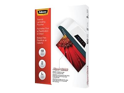 Fellowes Thermal Laminating Pouches  
Pochettes Pour la Pastification Chaud  
Bolsas Para Plastificar en Caliente  

100 Pouches  
100 Bolsas  

SuperQuick  
COTE 3P02  

5 Mil  
5 Mil  

SuperQuick  
Inserte la hoja de papel en la ranura de la corteza  
Inserte la hoja de papel en la ranura de la corteza  
Inserte la hoja de papel en la ranura de la corteza