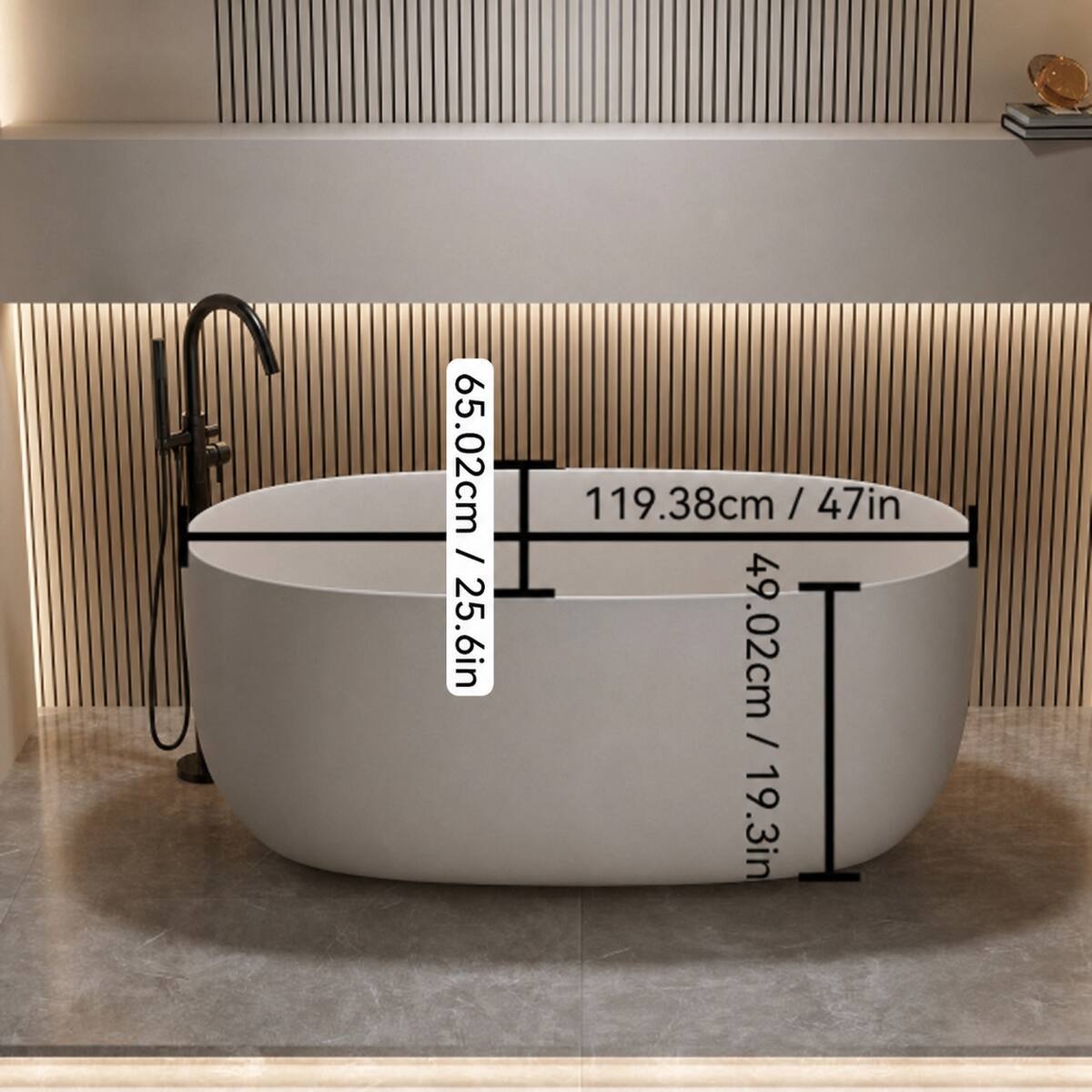 65.02cm / 25.6in  
119.38cm / 47in  
49.02cm / 19.3in