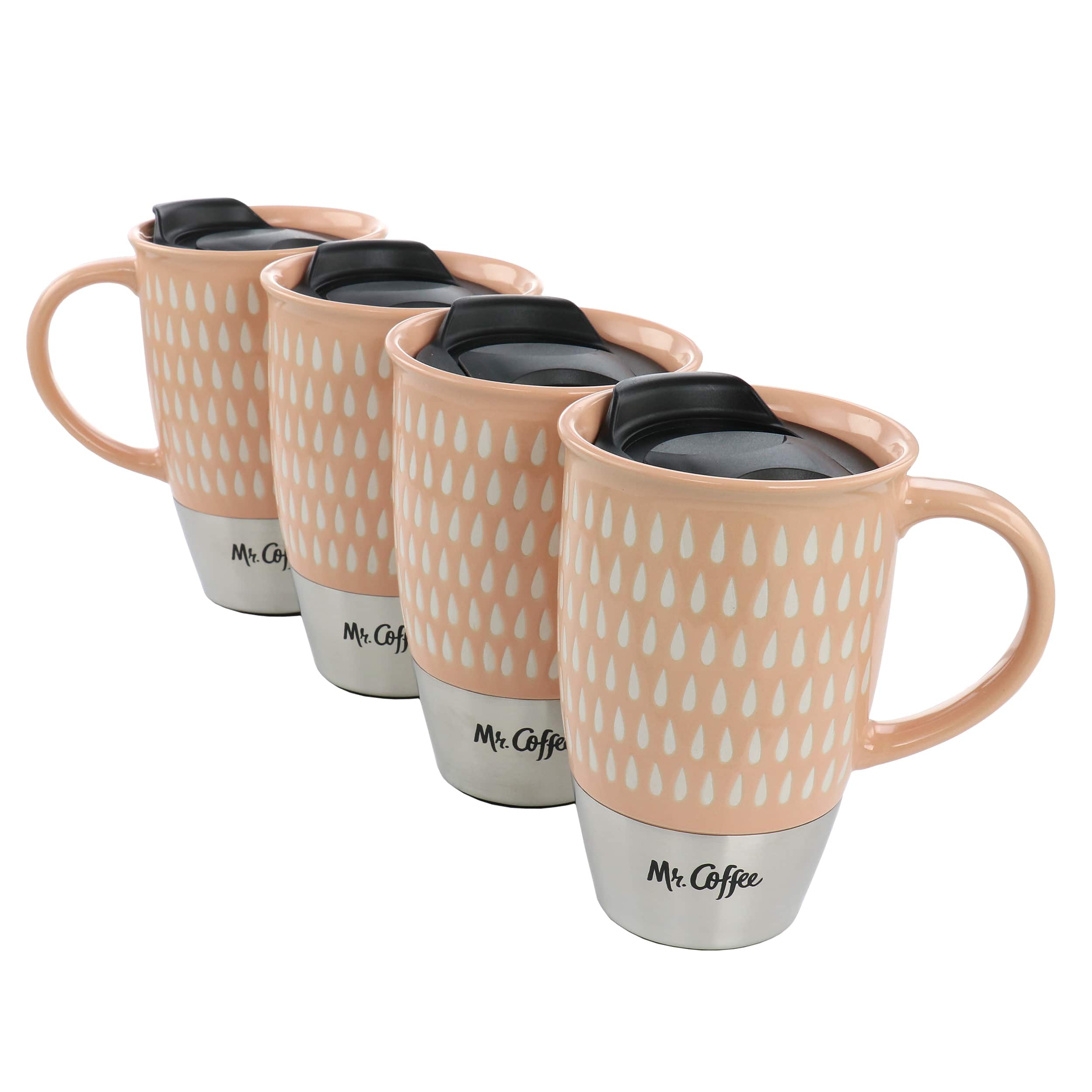 Mr. Coffee - Coupleton Teardrop 4 Piece 15 Ounce Stoneware and Stainless Steel Travel Mug Set with Lid - Peach