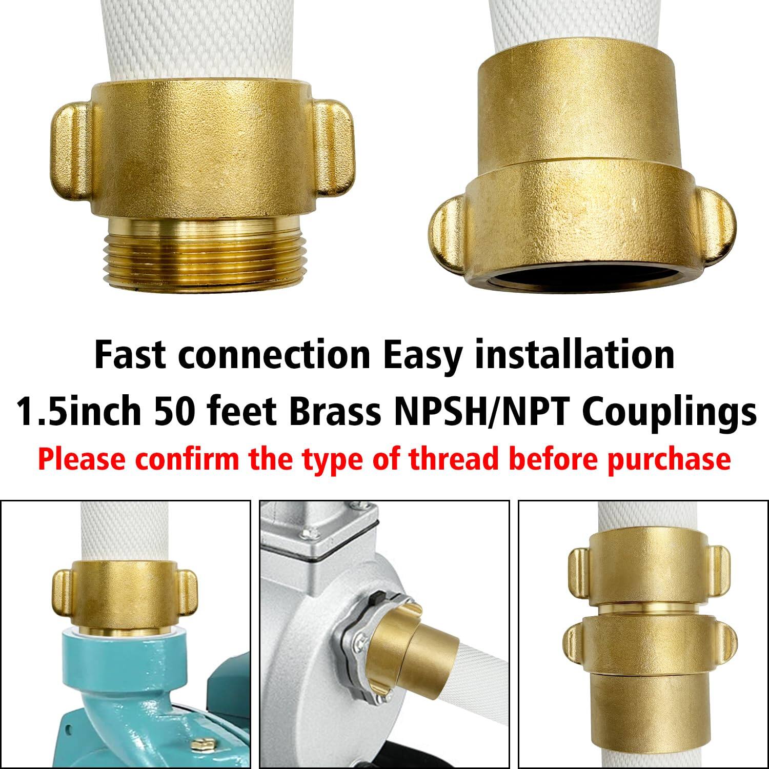 Fast connection  
Easy installation  

1.5 inch 50 feet Brass NPSH/NPT Couplings  

Please confirm the type of thread before purchase