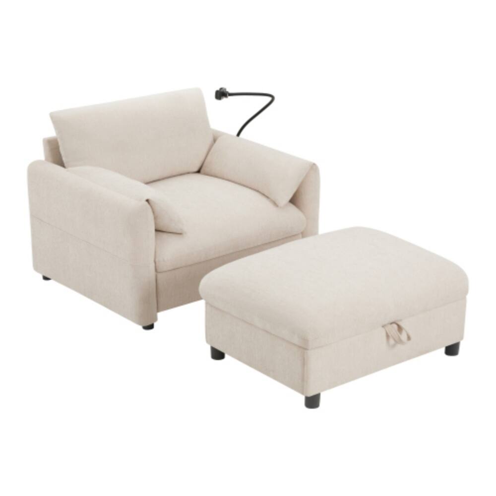 Alt View 6. LUCKY ONE - 37" Single Chenille Armchair Sofa w/ Storage Ottoman Phone Holder USB Charger - Beige.