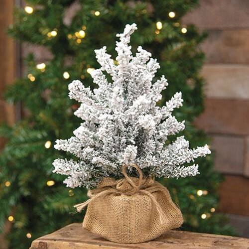 Angle. BreeBe - Flocked Mini Pine Tree w/Burlap Base 12" - White.