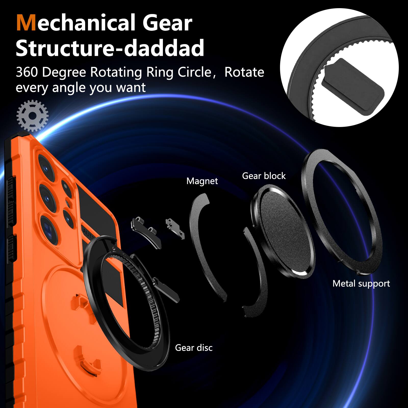 Mechanical Gear Structure-daddad  
360 Degree Rotating Ring Circle, Rotate every angle you want  

- Magnet  
- Gear block  
- Metal support  
- Gear disc