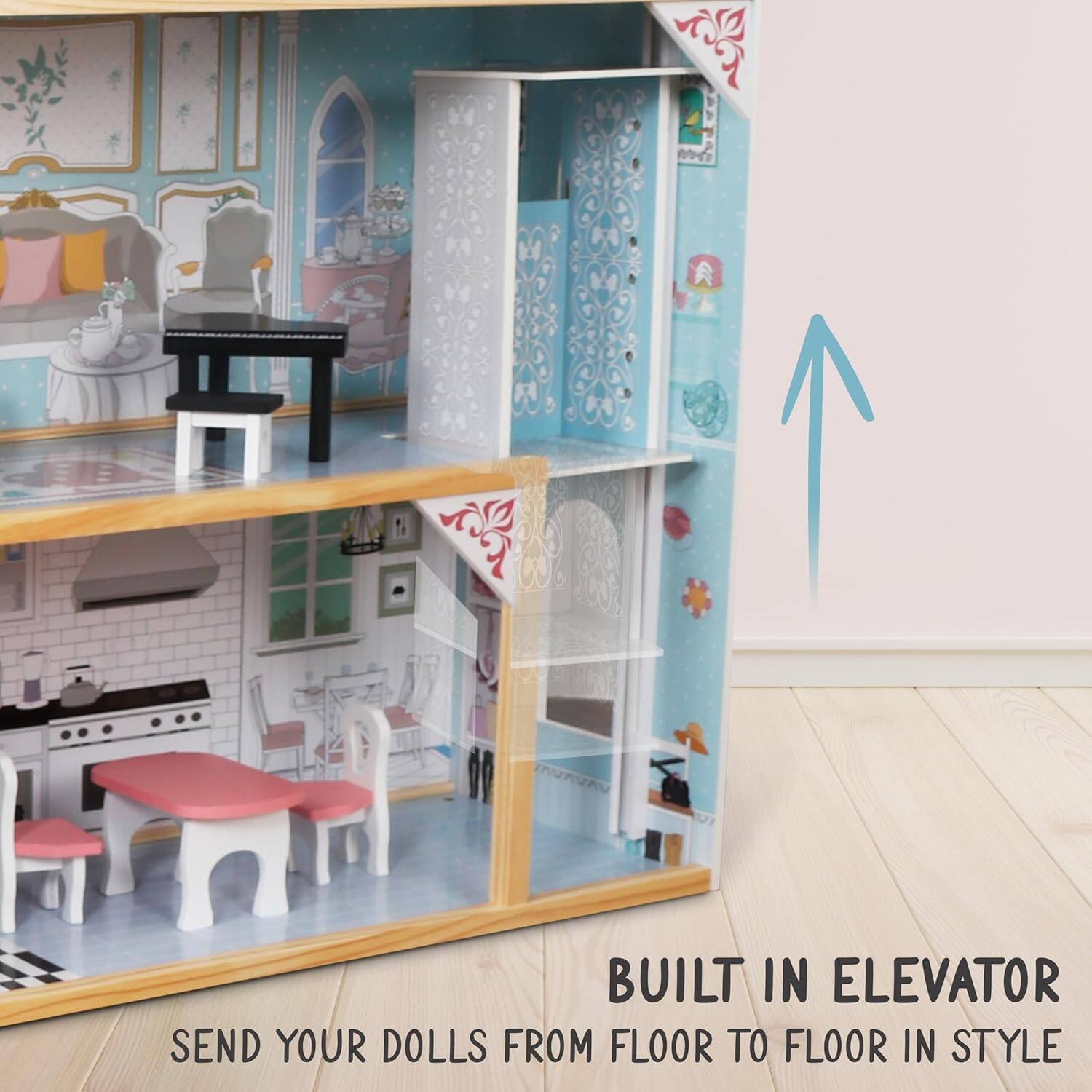 BUILT IN ELEVATOR  
SEND YOUR DOLLS FROM FLOOR TO FLOOR IN STYLE
