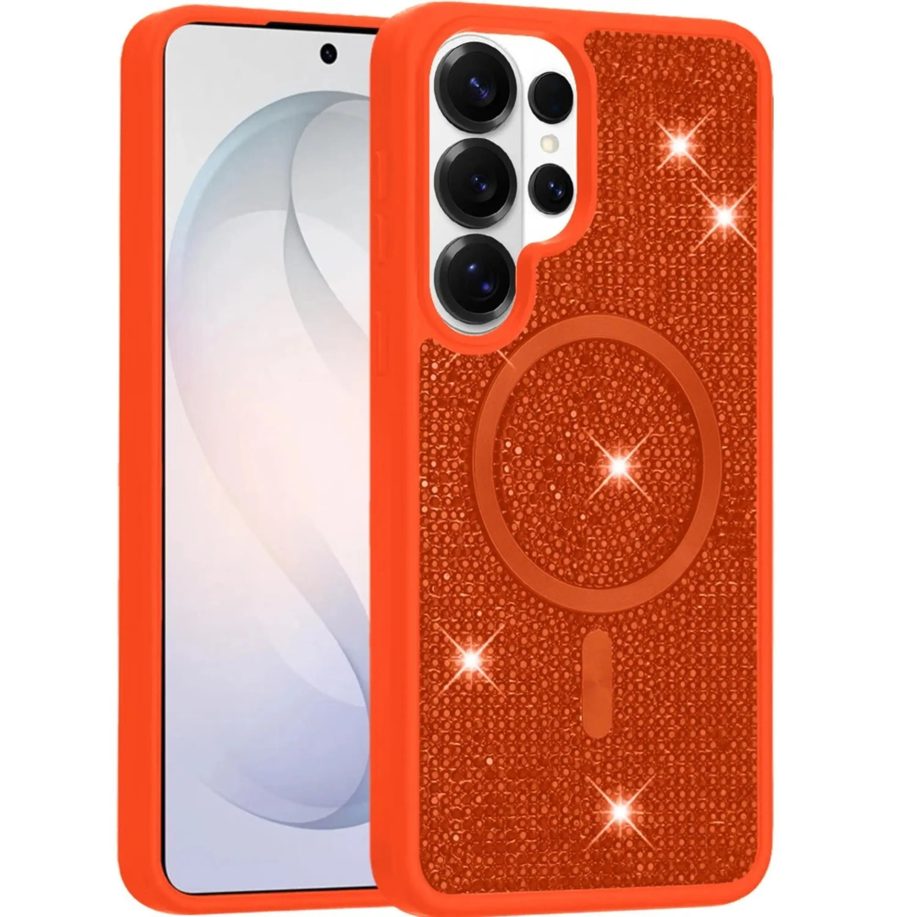 Angle. Kitcheniva - Full Bling Dazzle Magnetic Circle Phone Case With Tempered Glass For Samsung Galaxy S26 Ultra Cosmic Orange - Orange.
