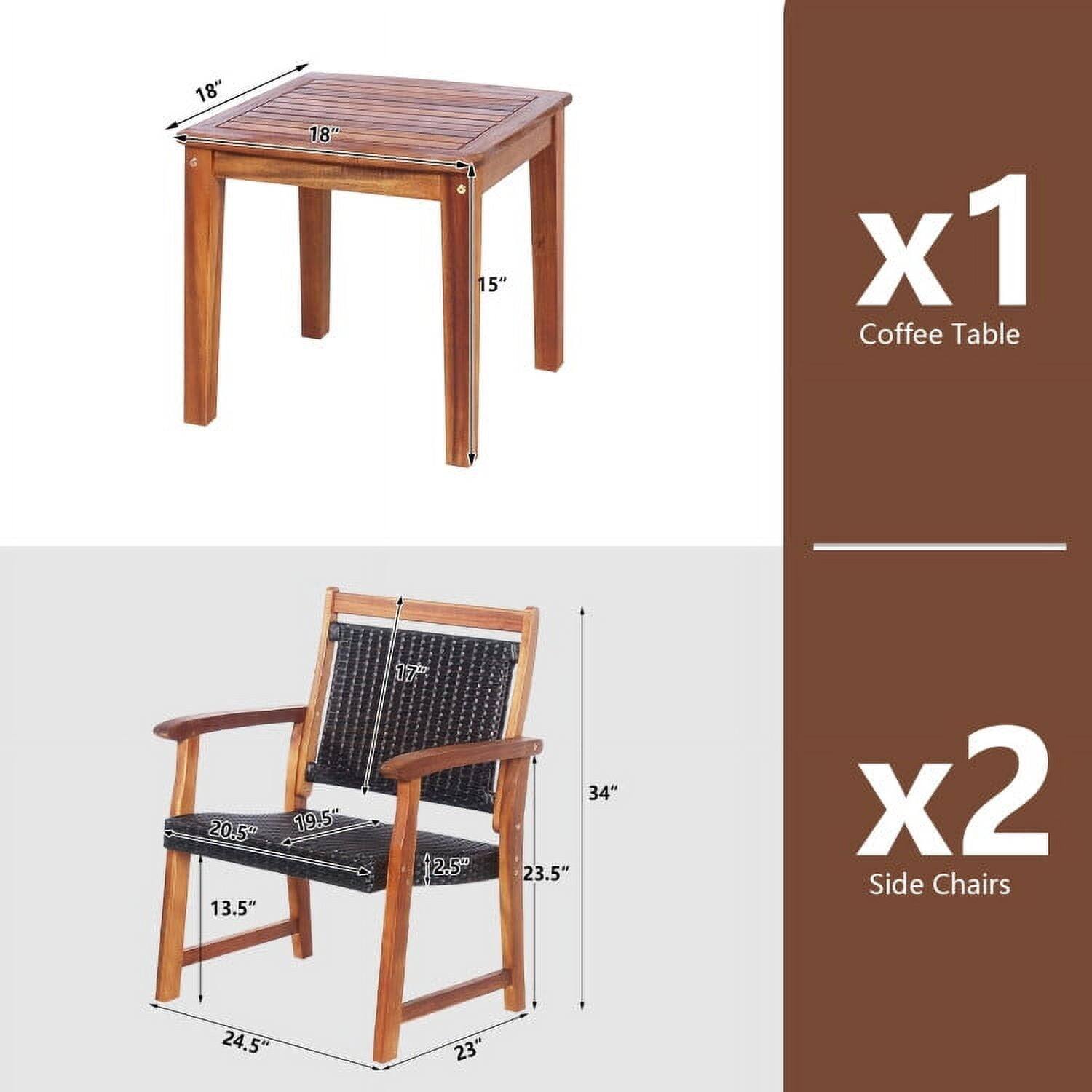18" x 18" x 15" Coffee Table  
20.5" x 19.5" x 13.5" x 24.5" x 23" x 34" x 12.5" x 23.5" Side Chairs