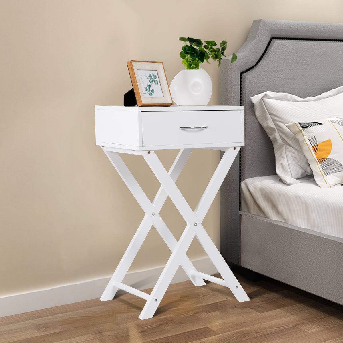 Alt View 15. Costway - Nightstand X-Shape Drawer Accent side End Table Modern Home Furniture - White.