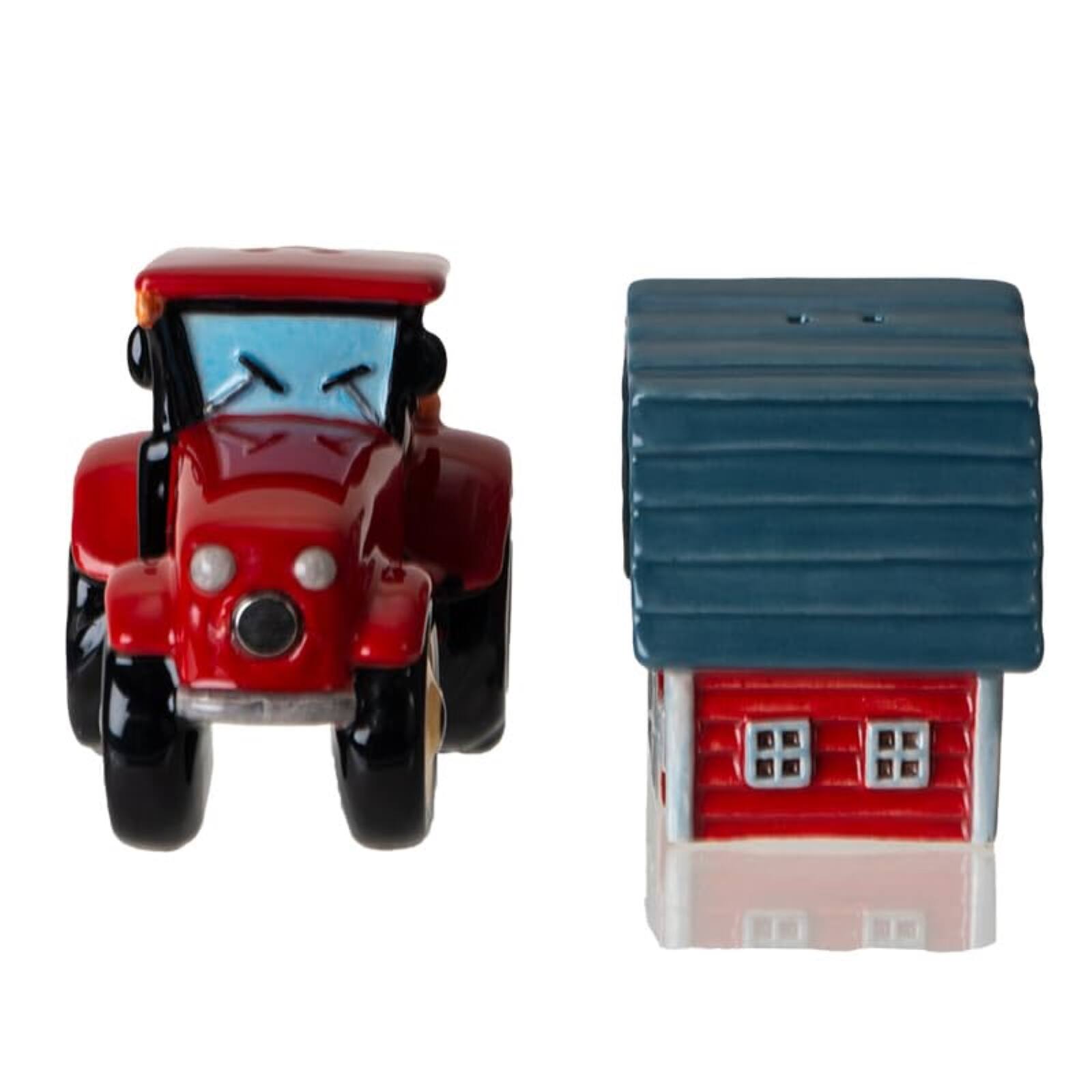 Alt View 1. Pacific Trading - Red Tractor and Barn Country Kitchen Ceramic Magnetic Salt and Pepper Shaker Set - Red.
