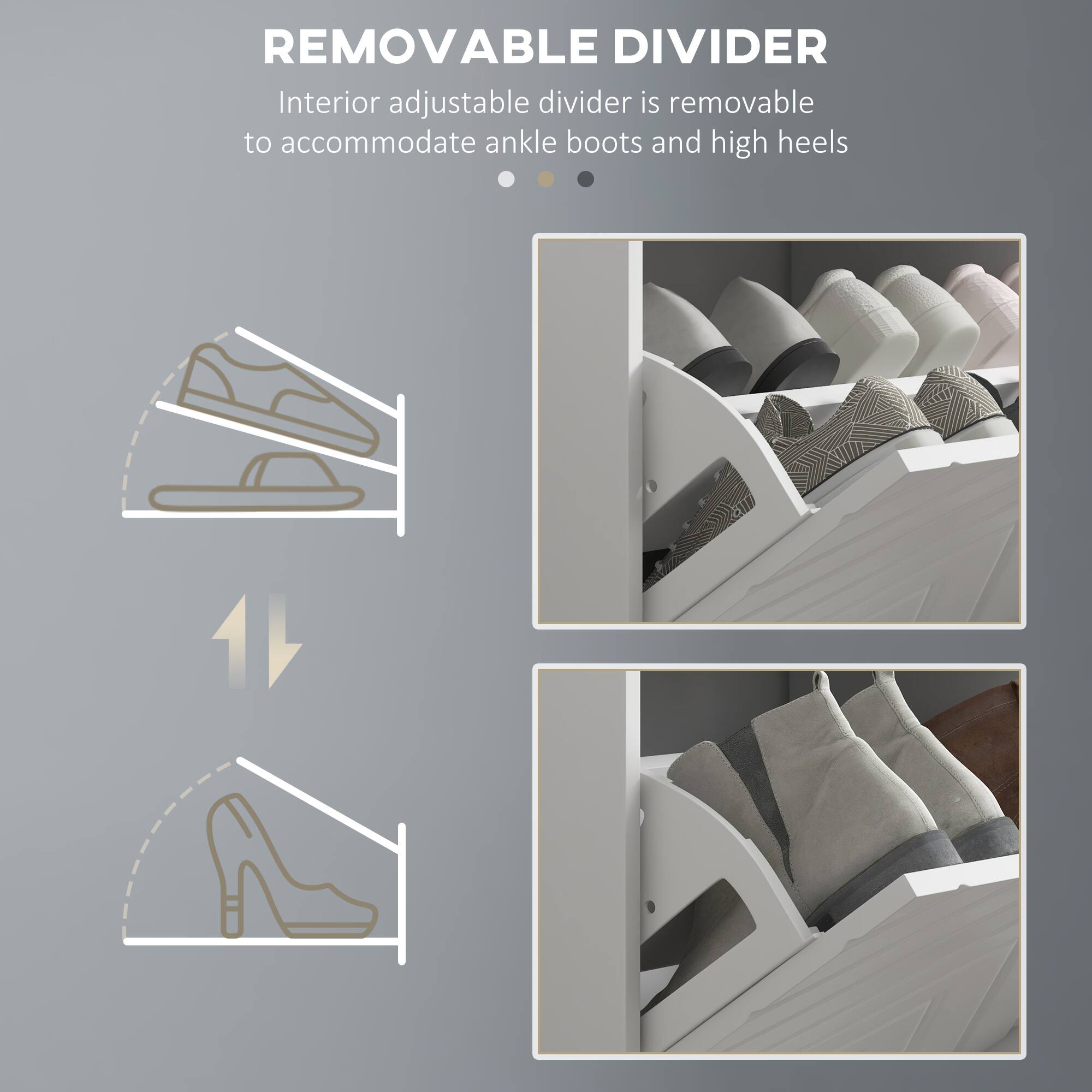 REMOVABLE DIVIDER
Interior adjustable divider is removable to accommodate ankle boots and high heels