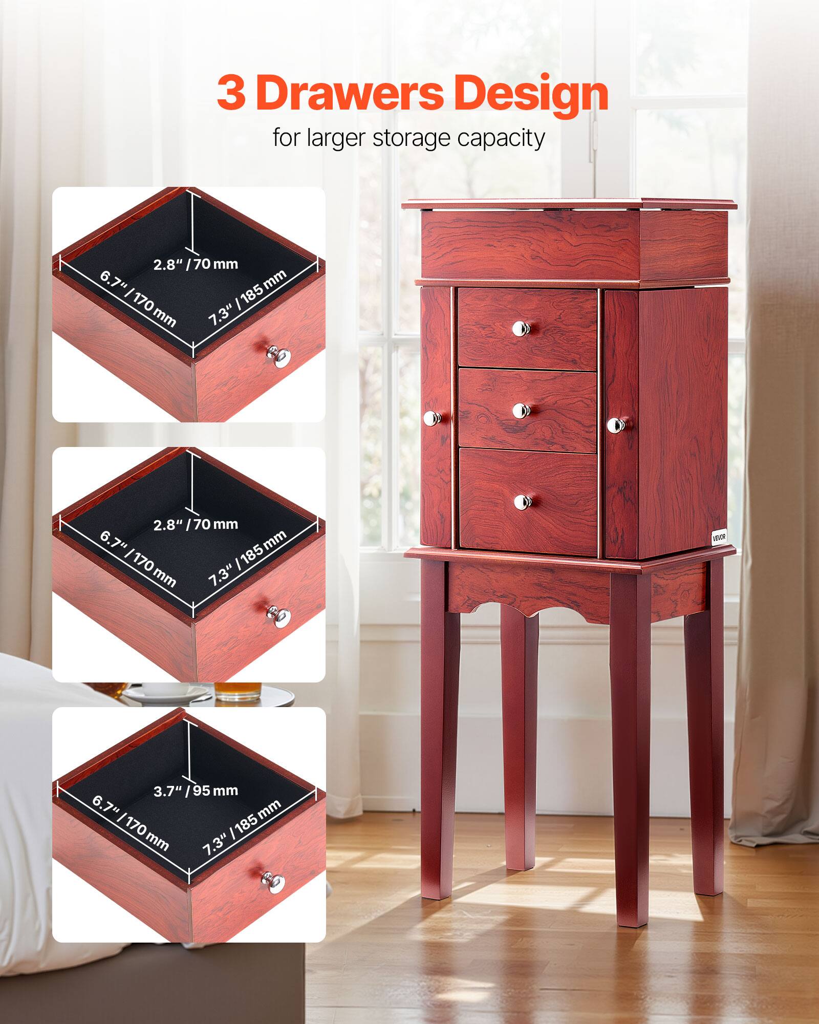 3 Drawers Design for larger storage capacity

- 2.8" / 70 mm
- 6.7" / 170 mm
- 7.3" / 185 mm

- 2.8" / 70 mm
- 6.7" / 170 mm
- 7.3" / 185 mm

- 3.7" / 95 mm
- 6.7" / 170 mm
- 7.3" / 185 mm