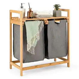 Hivvago - Natural Bamboo 2 Bin Sliding Laundry Hamper with Storage Shelf - Natural, Grey
