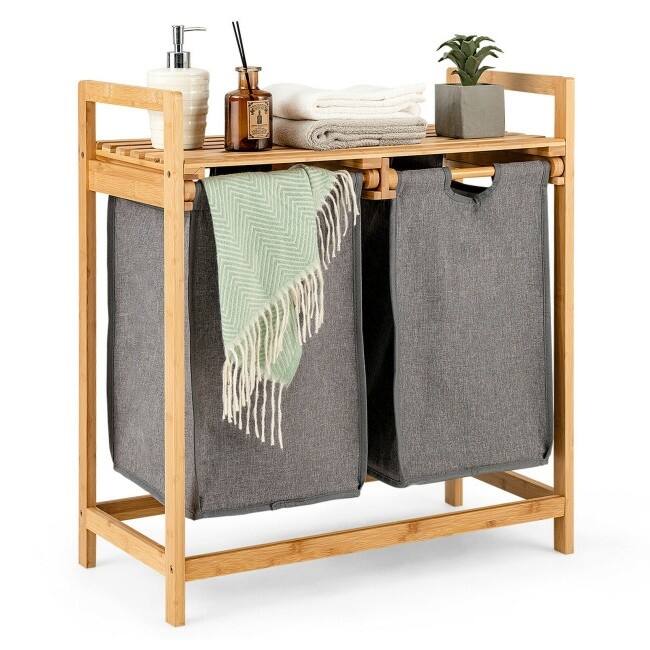 Front. Hivvago - Natural Bamboo 2 Bin Sliding Laundry Hamper with Storage Shelf - Natural, Grey.