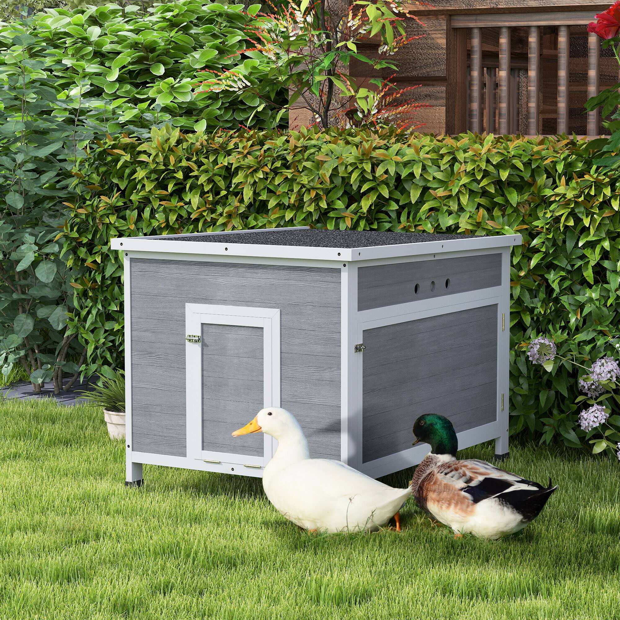 Alt View 1. Pawhut - Duck Coop with Openable Roof, Removable Floor, Double Doors, Ramp, for 3-6 Ducks, Chickens - Light Gray.