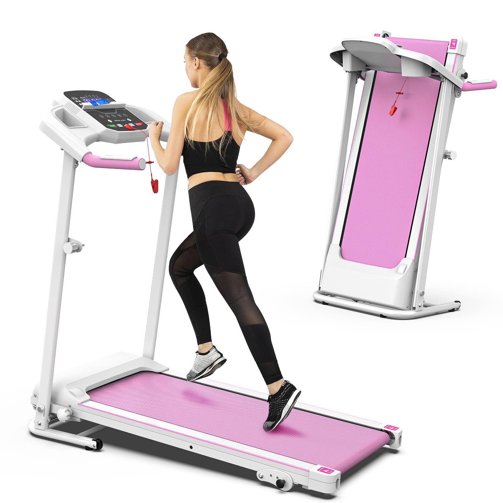 Front. Loheer - Folding Treadmill with Incline, 7.5 MPH Compact Walking Pad Treadmill for Home, 265 LBS Capacity Running Machine - PINK.