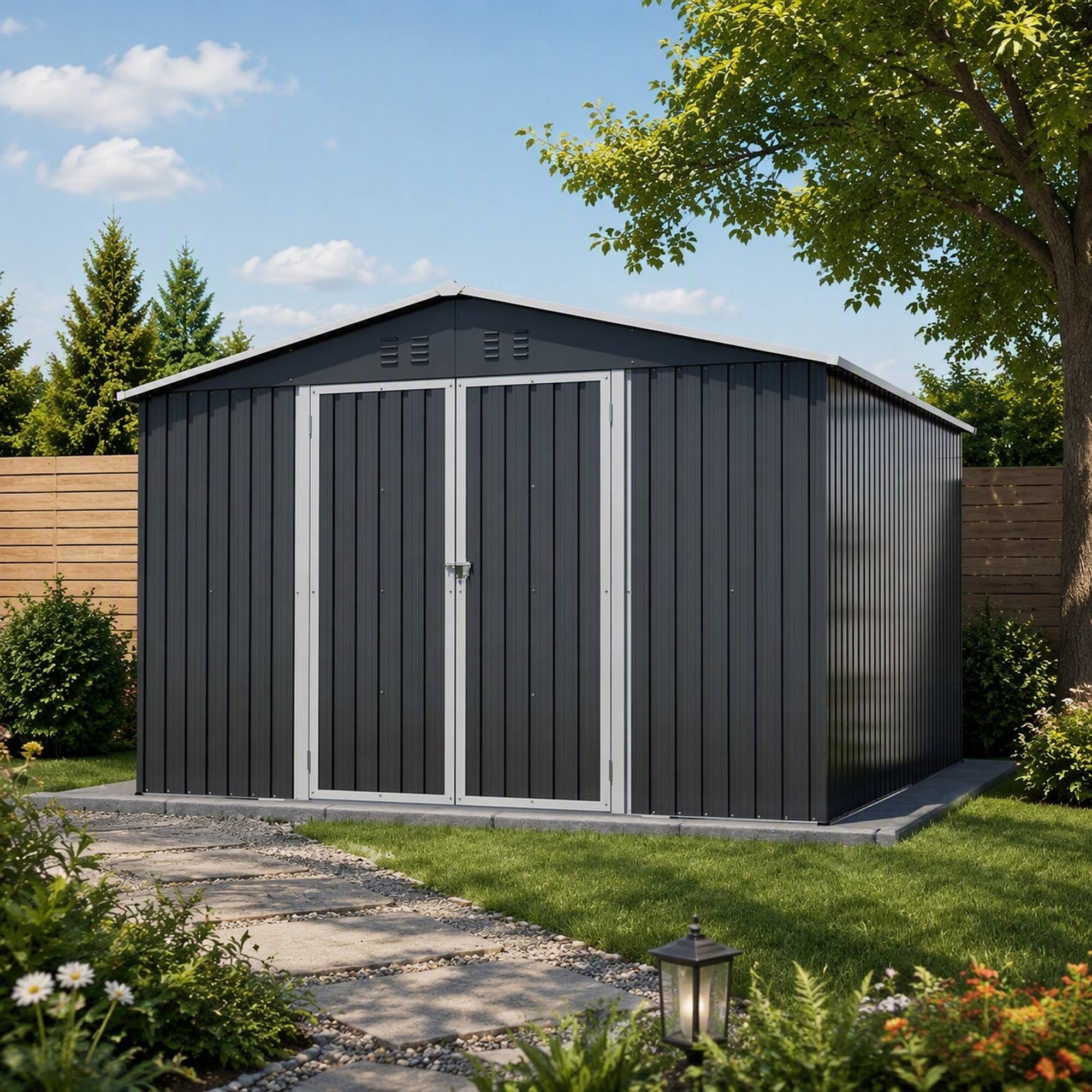 Left. RYHNUYNE - 10x10 ft Large Metal Shed Galvanized Steel Sliding Doors Weatherproof Utility Black - Black.