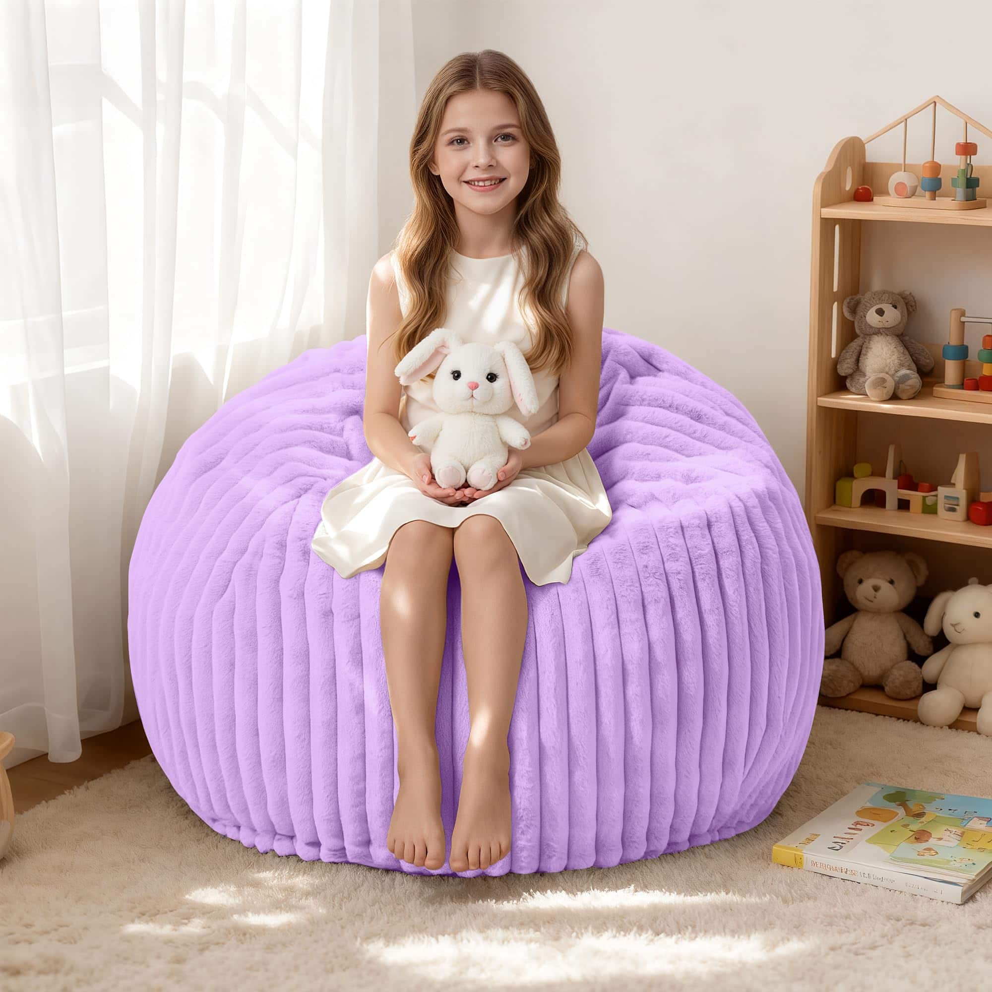 JETRANSPORT - 2ft Bean Bag Chair 2' Chairs With Memory Foam Filled Small Comfy Beanbag Stripe Plush Cover For Living - Purple 2 FT
