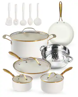Gotham Steel - 15-Piece Ultra Nonstick Ceramic Cookware Set with Utensils with Gold Handles - Cream