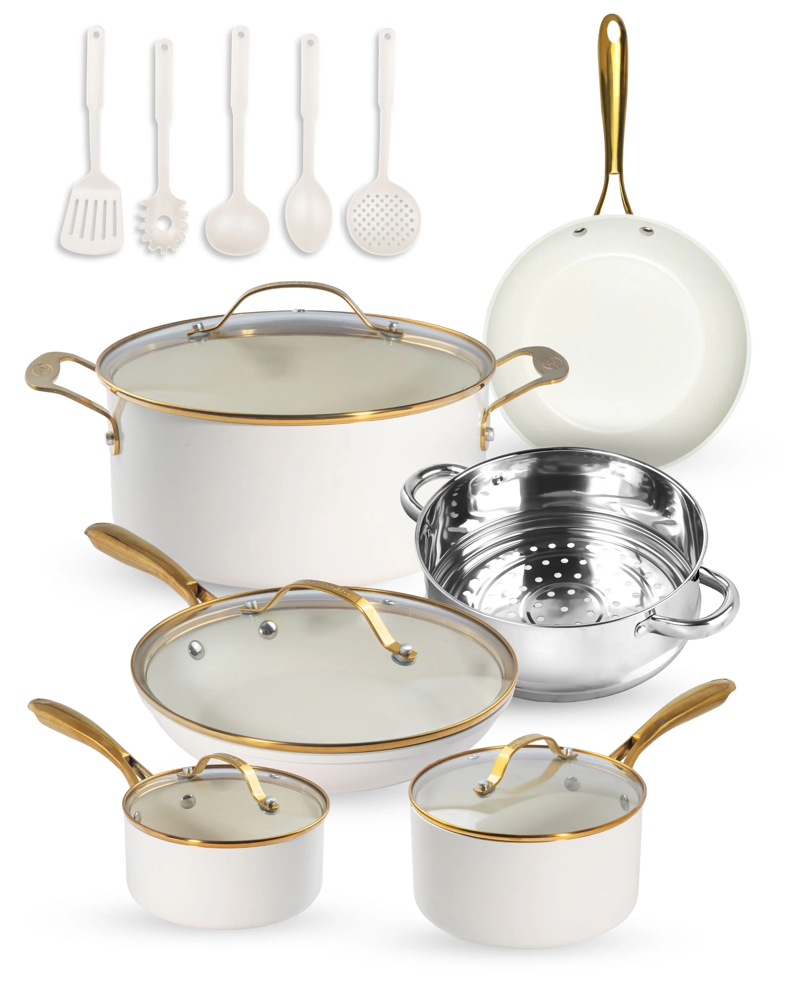 Front. Gotham Steel - Gotham Steel Cream 15-Piece Ultra Nonstick Ceramic Cookware Set with Utensils with Gold Handles - Cream.
