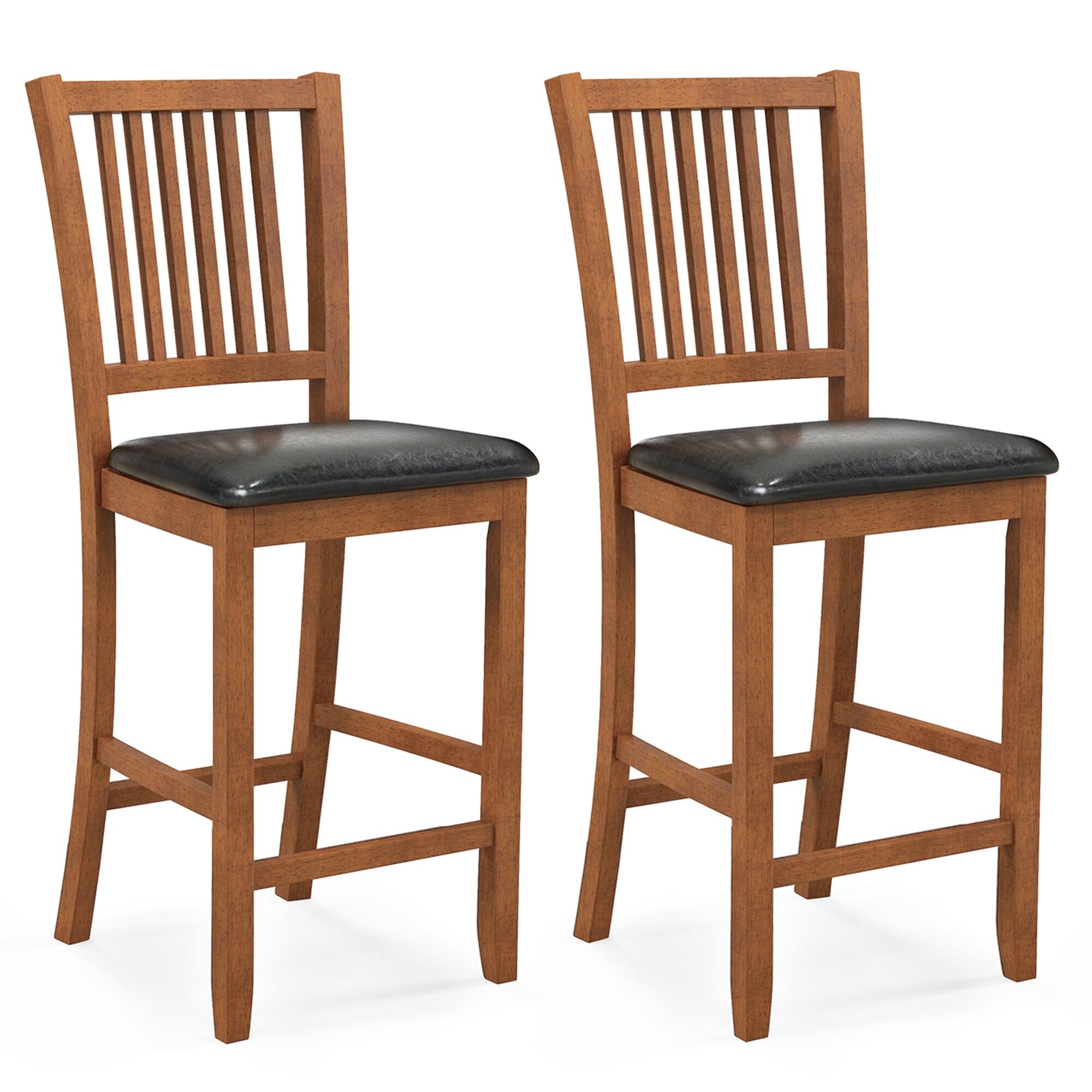 Costway - 2-Piece 25.5" Bar Chair Set with Backrest Padded Seat Footrest Rubber Wood Frame - Walnut + Black