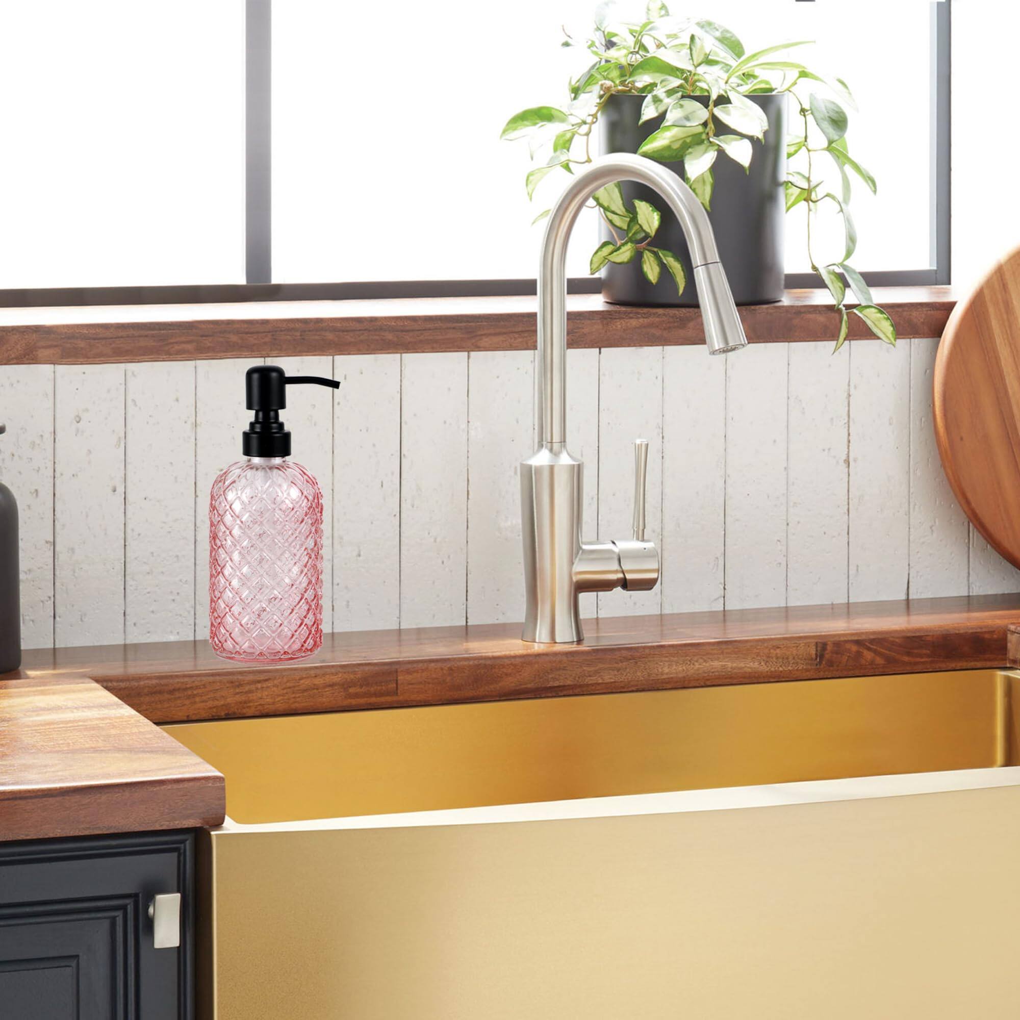 Alt View 2. Dapper Styles - Glass Soap Dispenser With 304 Rustproof Stainless Pump Refillable For Kitchen Bathroom Farmhouse - Pink-2pack& Tray.