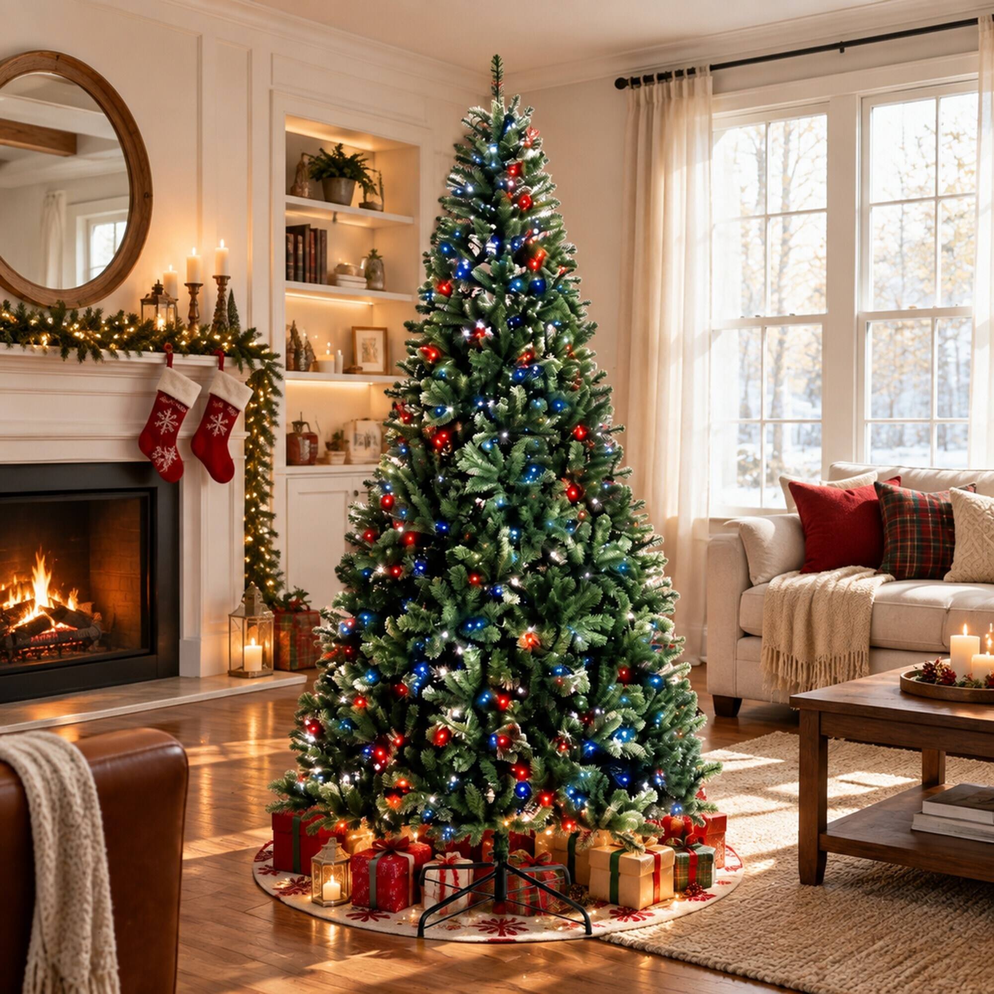 Angle. RYHNUYNE - 9FT Pre-Lit Artificial Christmas Tree With RGB Dynamic LED Lights and Remote, Built-In Timer and Hinged Branches - Green.
