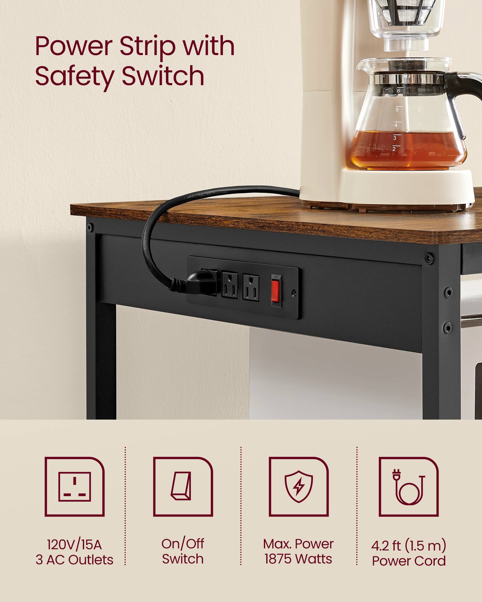 Power Strip with Safety Switch

- 120V/15A
- 3 AC Outlets
- On/Off Switch
- Max. Power 1875 Watts
- 4.2 ft (1.5 m) Power Cord