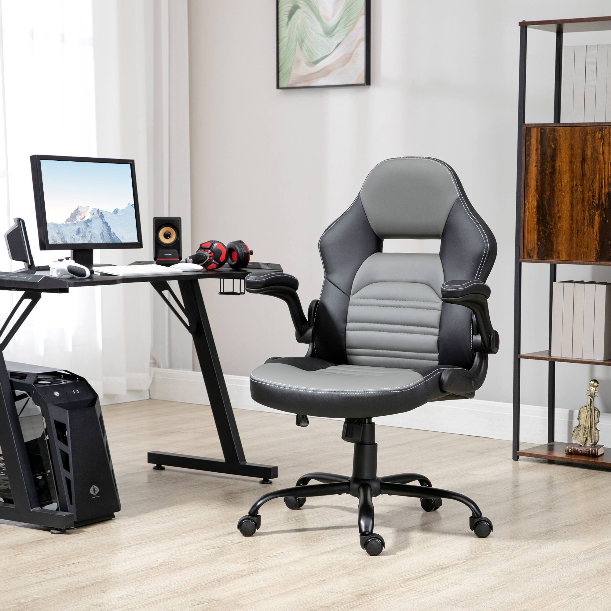 Alt View 1. Vinsetto - PU Leather Gaming Chair with Flip-up Armrests, Racing Style Computer Chair, Height Adjustable Home Office Chair - Black.
