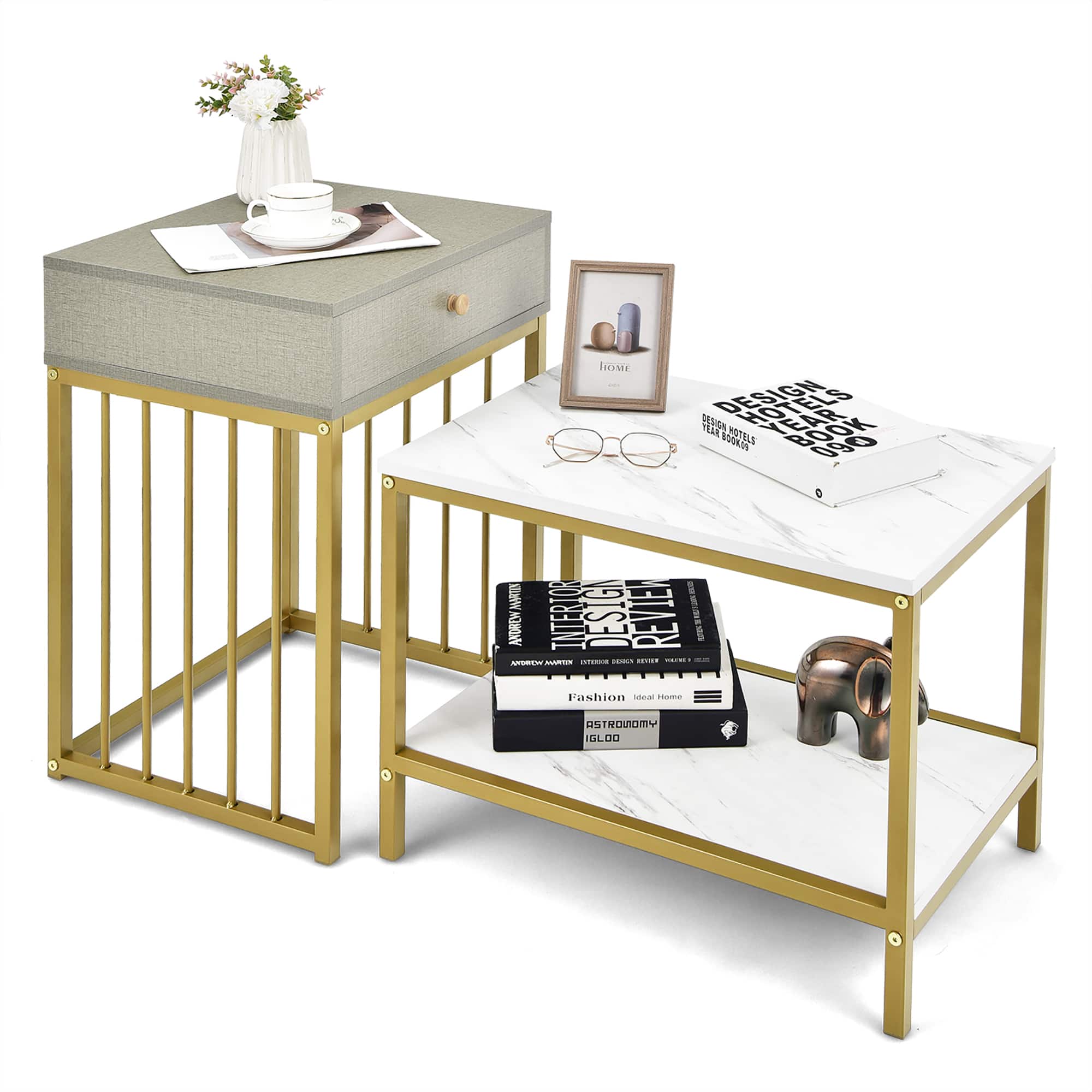 Costway - Set of 2 Nesting Coffee Table Drawer Shelf Modern Sofa Side Table Steel Frame - White,Gold