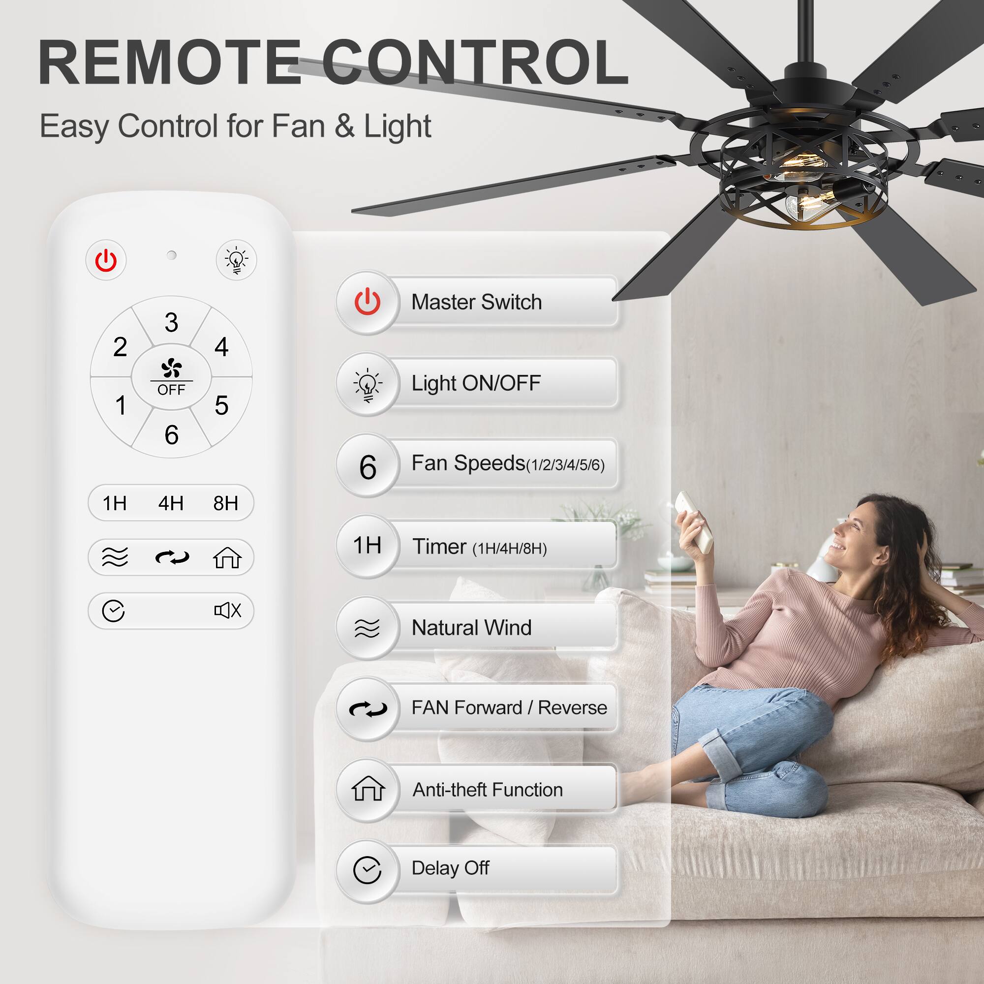 REMOTE CONTROL  
Easy Control for Fan & Light  

- Master Switch  
- Light ON/OFF  
- Fan Speeds (1/2/3/4/5/6)  
- 1H Timer (1H/4H/8H)  
- Natural Wind  
- FAN Forward / Reverse  
- Anti-theft Function  
- Delay Off