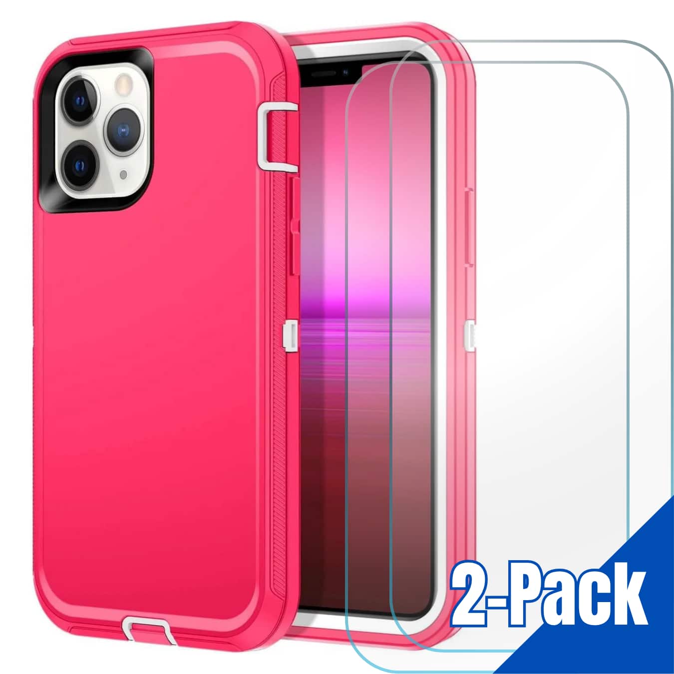 Entronix - Heavy Duty Bundle for iPhone 12 Pro Max - Case and 2 Screen Protectors - Hot Pink