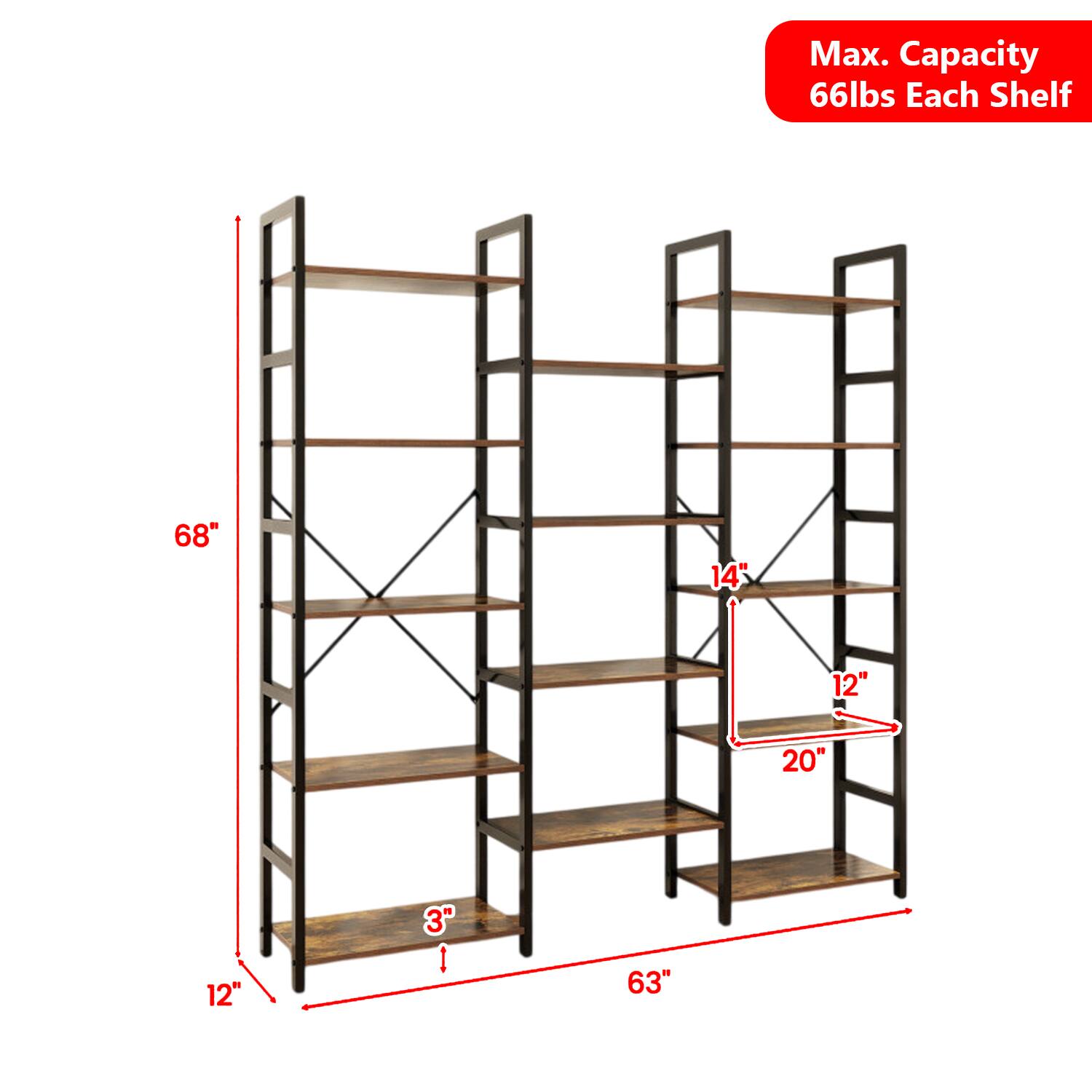 Max. Capacity 66lbs Each Shelf  
68" 14" 12" 20" 12" 3"  
63"