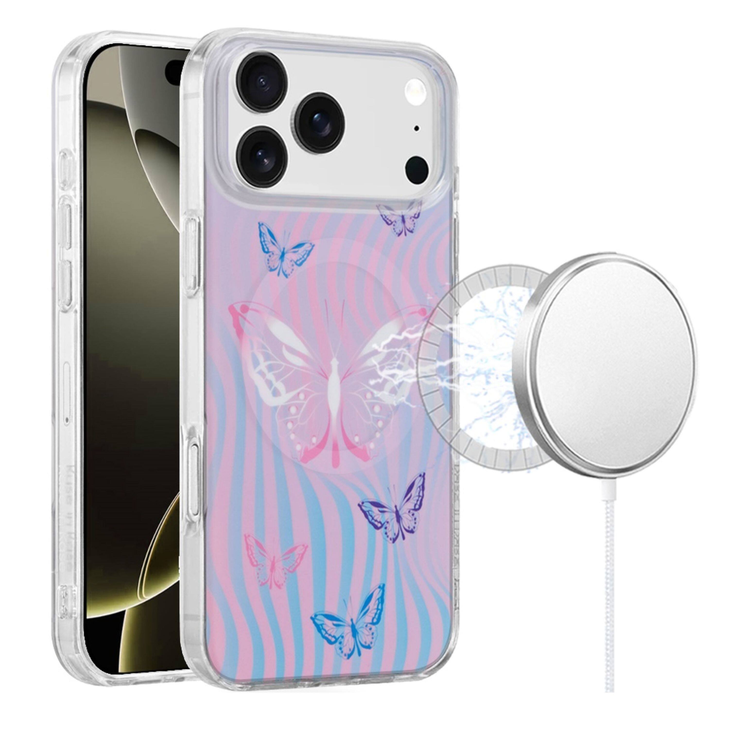 Front. Kitcheniva - IMD Dual Layer Phone Case With Magnetic Circle Tempered Glass For iPhone 17 Pro Butterflies - Multicolor.