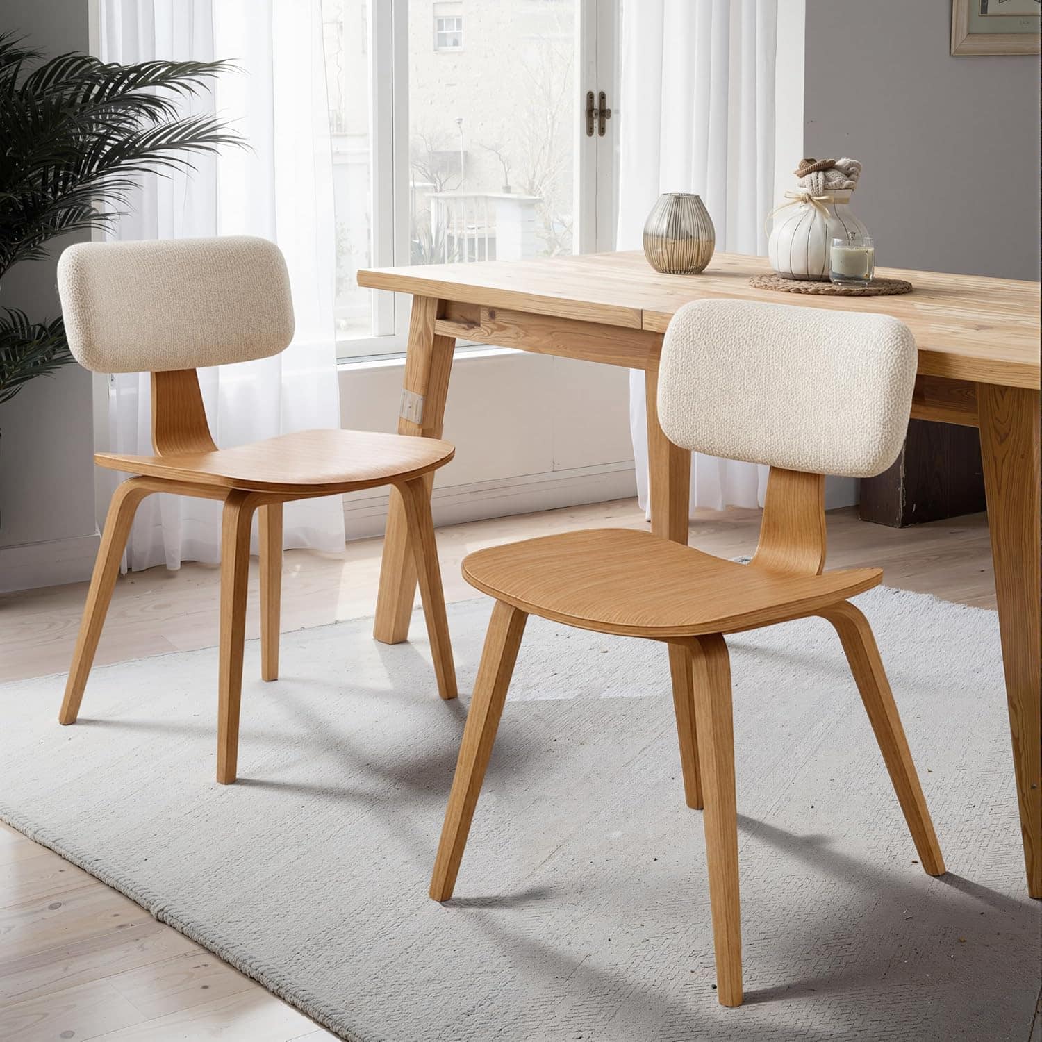 Acanva - Wooden Dining Chairs Set of 2, Modern Side Chair with Upholstered Boucle Backrest for Kitchen Restaurant Living Room - Oak and White