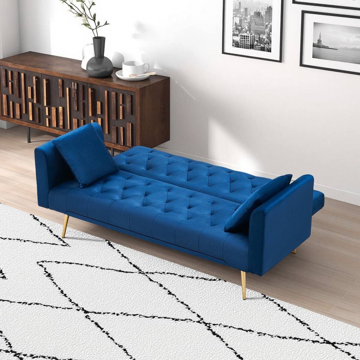 Back. Ropilly - Ropilly 71 Inch Convertible Loveseat Sofa Blue Velvet Sofa Bed for Small Living Room Bedroom Office - Blue.