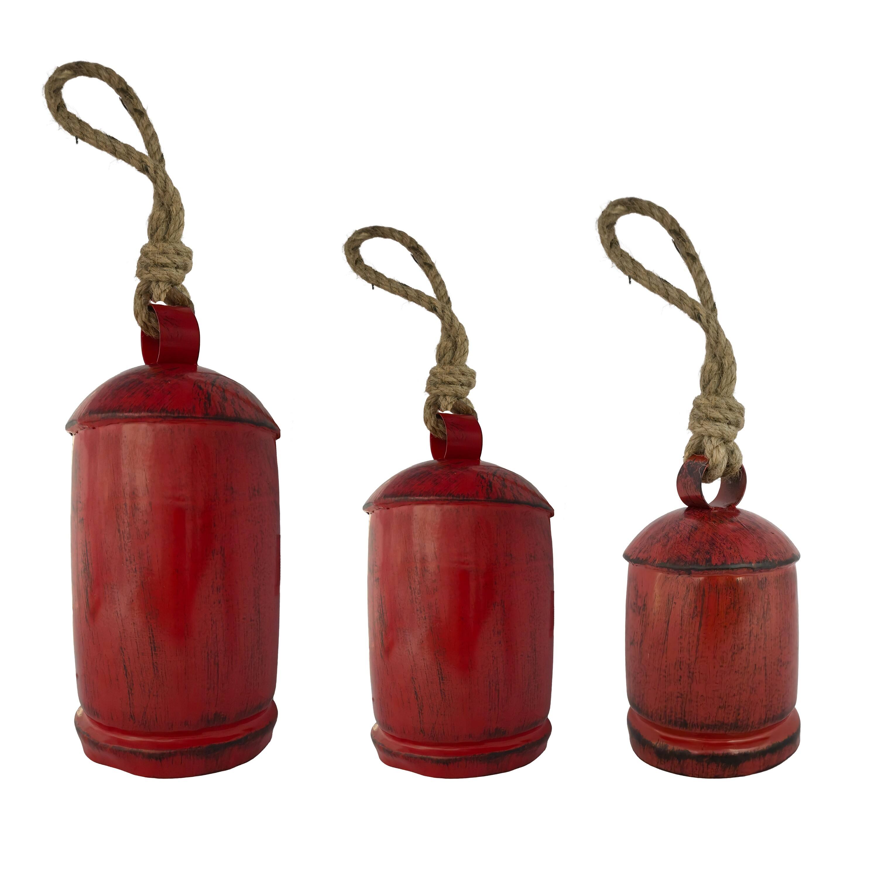 Angle. Manhattan Lane - Set of 3 Cowbells Wall Hanging, Jute Rope, Rustic Boho Home Decor - Antique Red, Natural Brown.