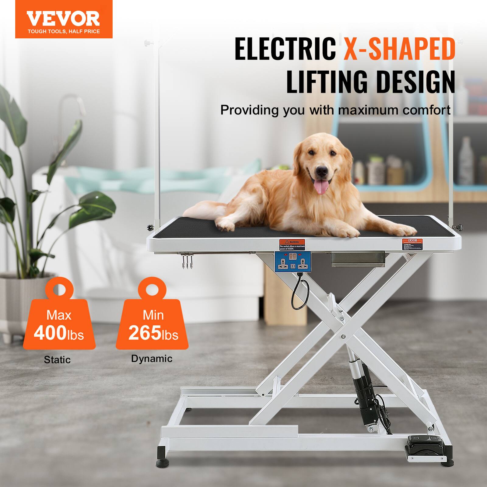 VEVOR  
TOUGH TOOLS, HALF PRICE  

ELECTRIC X-SHAPED LIFTING DESIGN  
Providing you with maximum comfort  

Max 400lbs Static  
Min 265lbs Dynamic