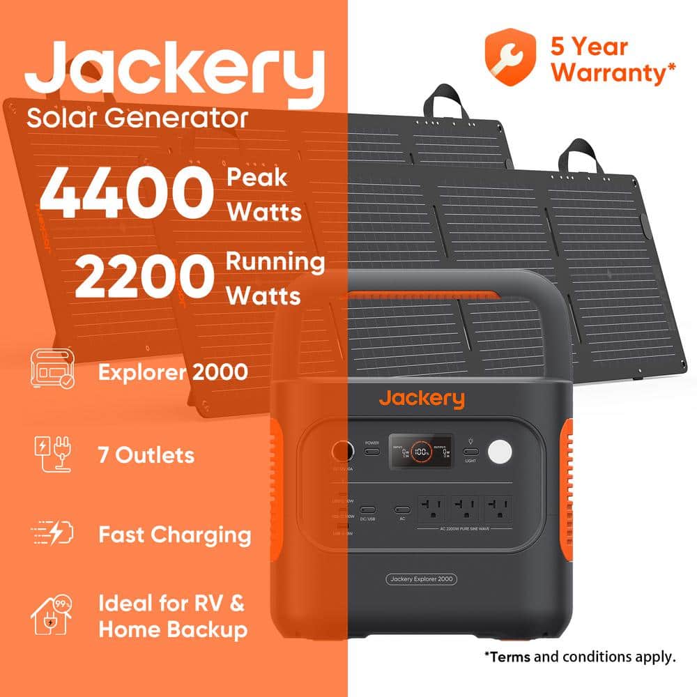 Jackery Solar Generator Peak 4400 Watts 2200 Running Watts 5 Year Warranty* Explorer 2000 Jackery 7 Outlets - 100 - I I Fast Charging RE 99 Ideal for RV & Home Backup Jockery Explorer 2000