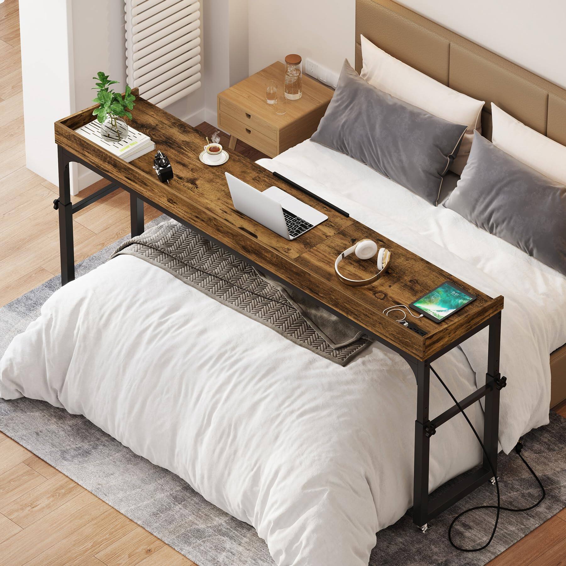 Alt View 1. Tribesigns - 70.9-Inch Height-Adjustable Overbed Desk with Wheels and Tilting Laptop Stand for Bedroom - Rustic Brown.