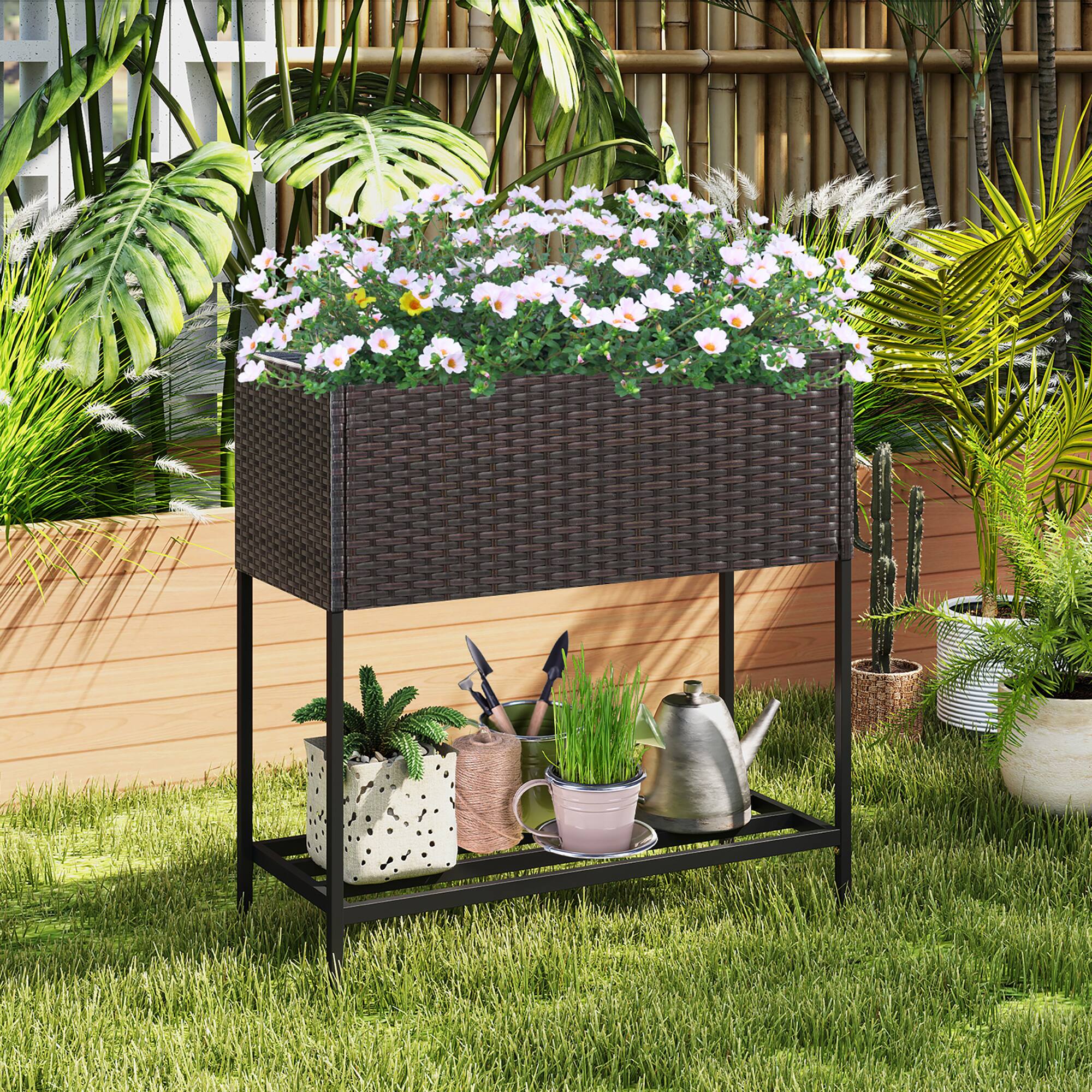 Alt View 1. Gymax - Gymax Elevated Planter Box Raised Garden Bed w/ Rattan Surface Bottom Storage Shelf - Brown.