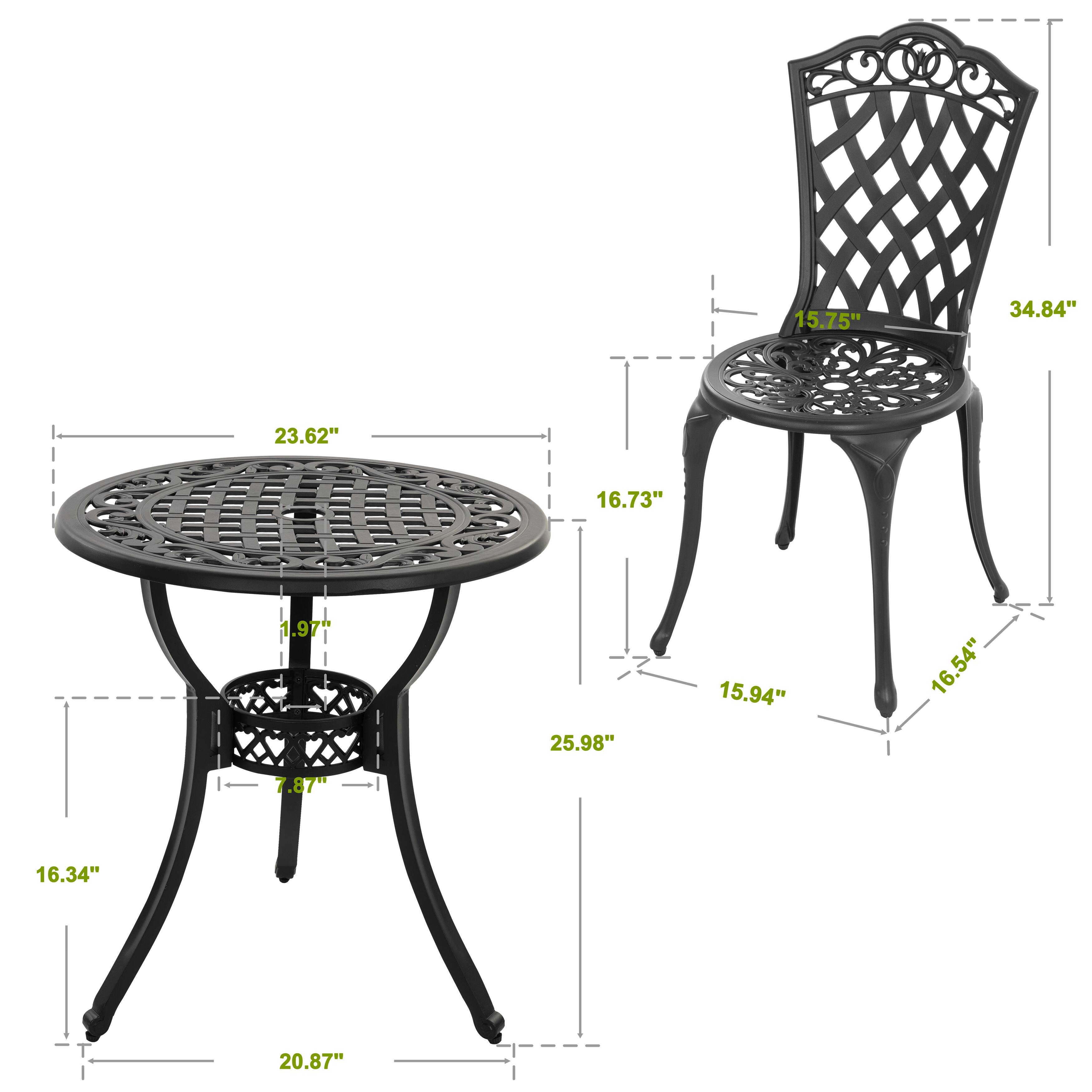 Here is the corrected and grouped text from the image:

- Table:
  - Diameter: 23.62"
  - Height: 16.73"
  - Seat Height: 1.97"
  - Base Width: 20.87"
  - Base Depth: 16.34"
  - Base Height: 7.87"
  - Overall Height: 25.98"

- Chair:
  - Height: 34.84"
  - Seat Height: 15.75"
  - Seat Depth: 16.54"
  - Seat Width: 15.94"